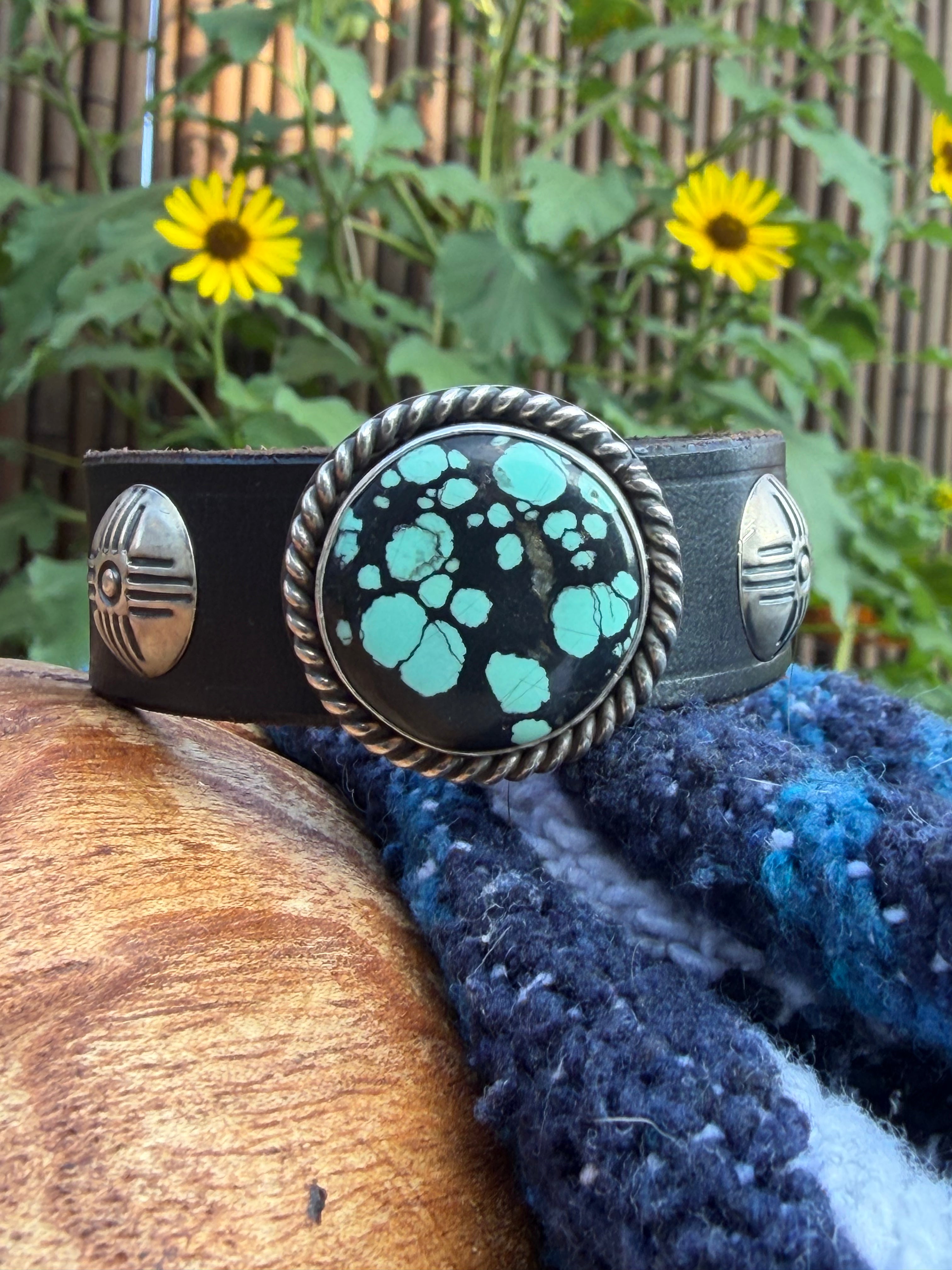 Vintage Southwestern Black Leather Cuff with Round Spiderweb Turquoise