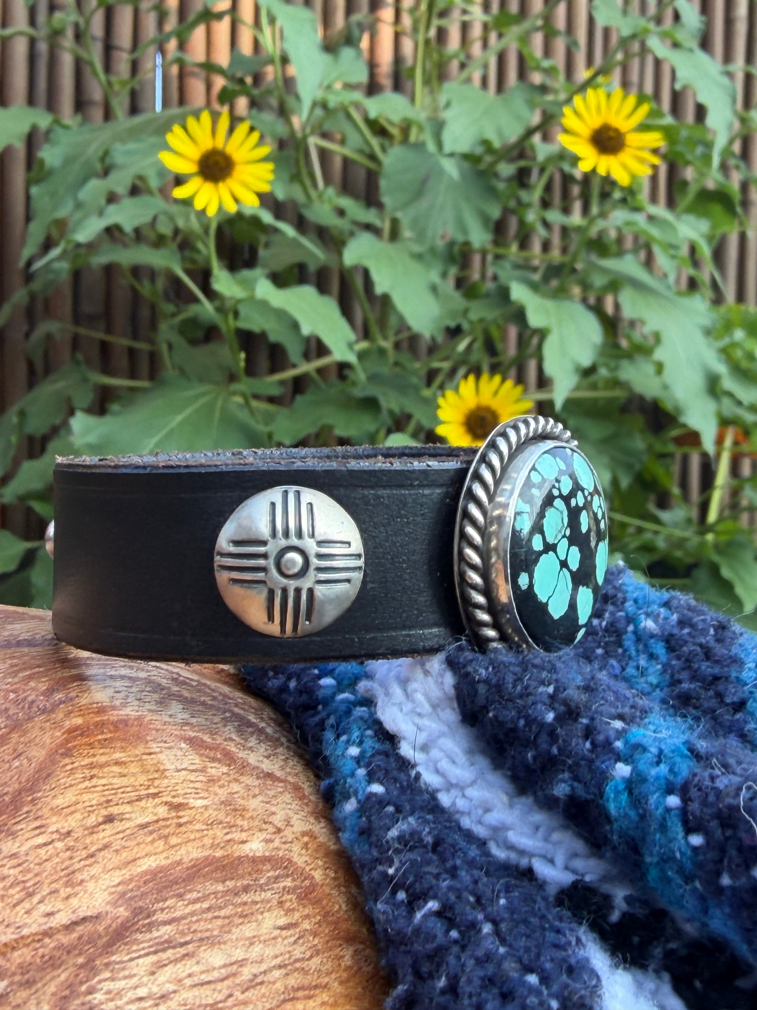Vintage Southwestern Black Leather Cuff with Round Spiderweb Turquoise