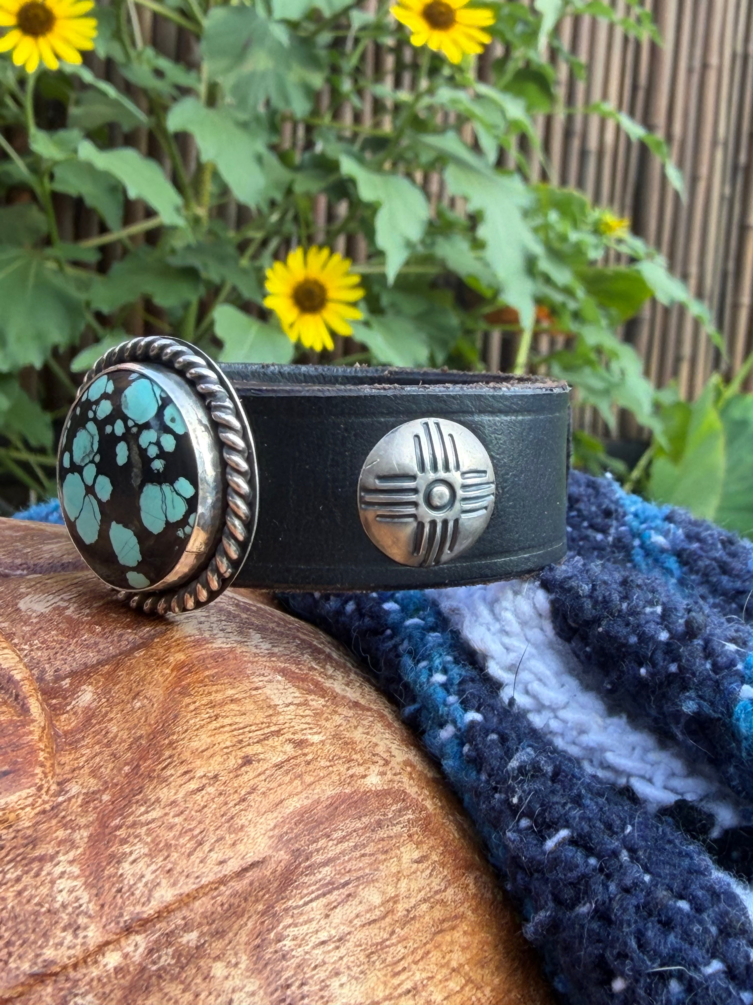 Vintage Southwestern Black Leather Cuff with Round Spiderweb Turquoise