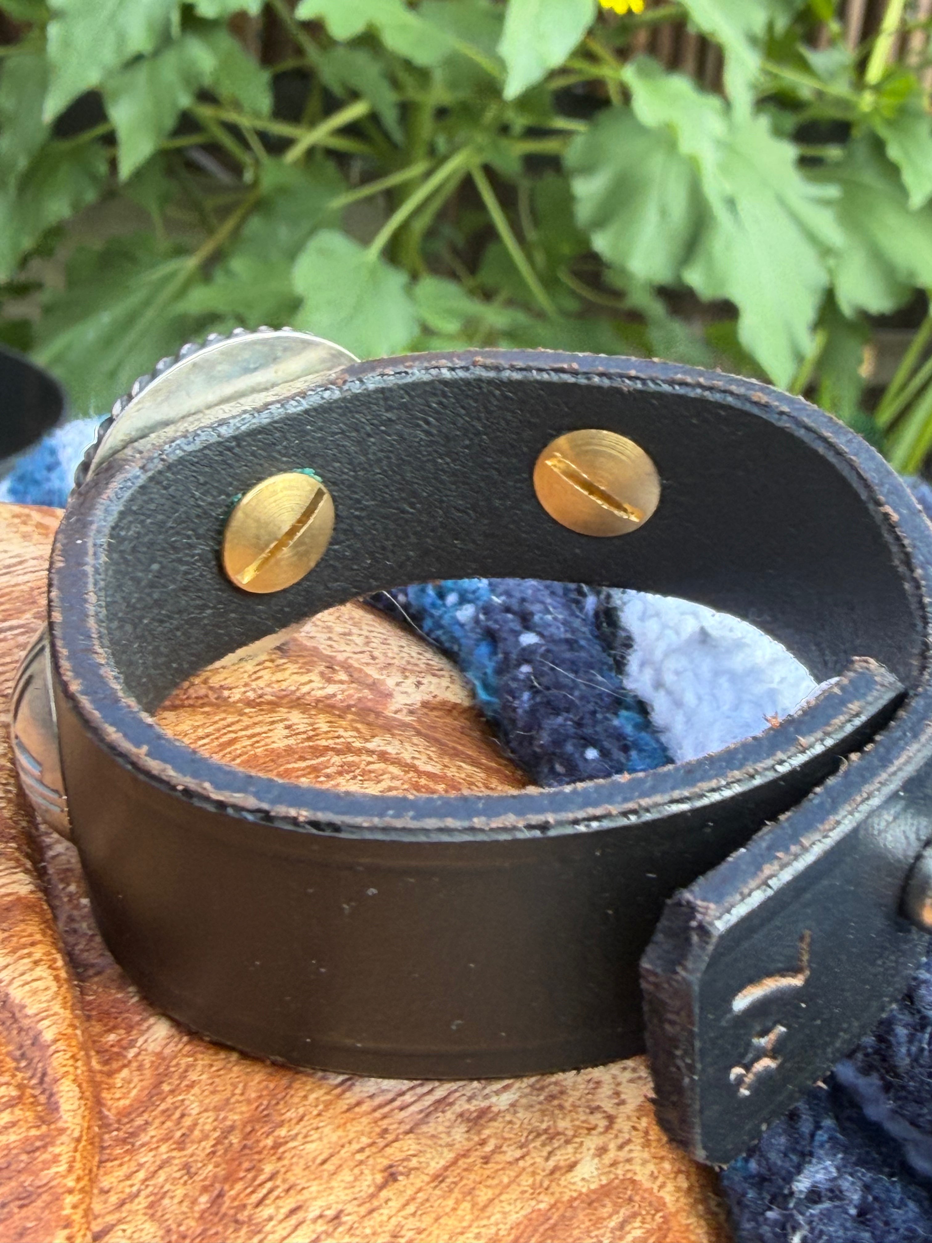 Vintage Southwestern Black Leather Cuff with Round Spiderweb Turquoise