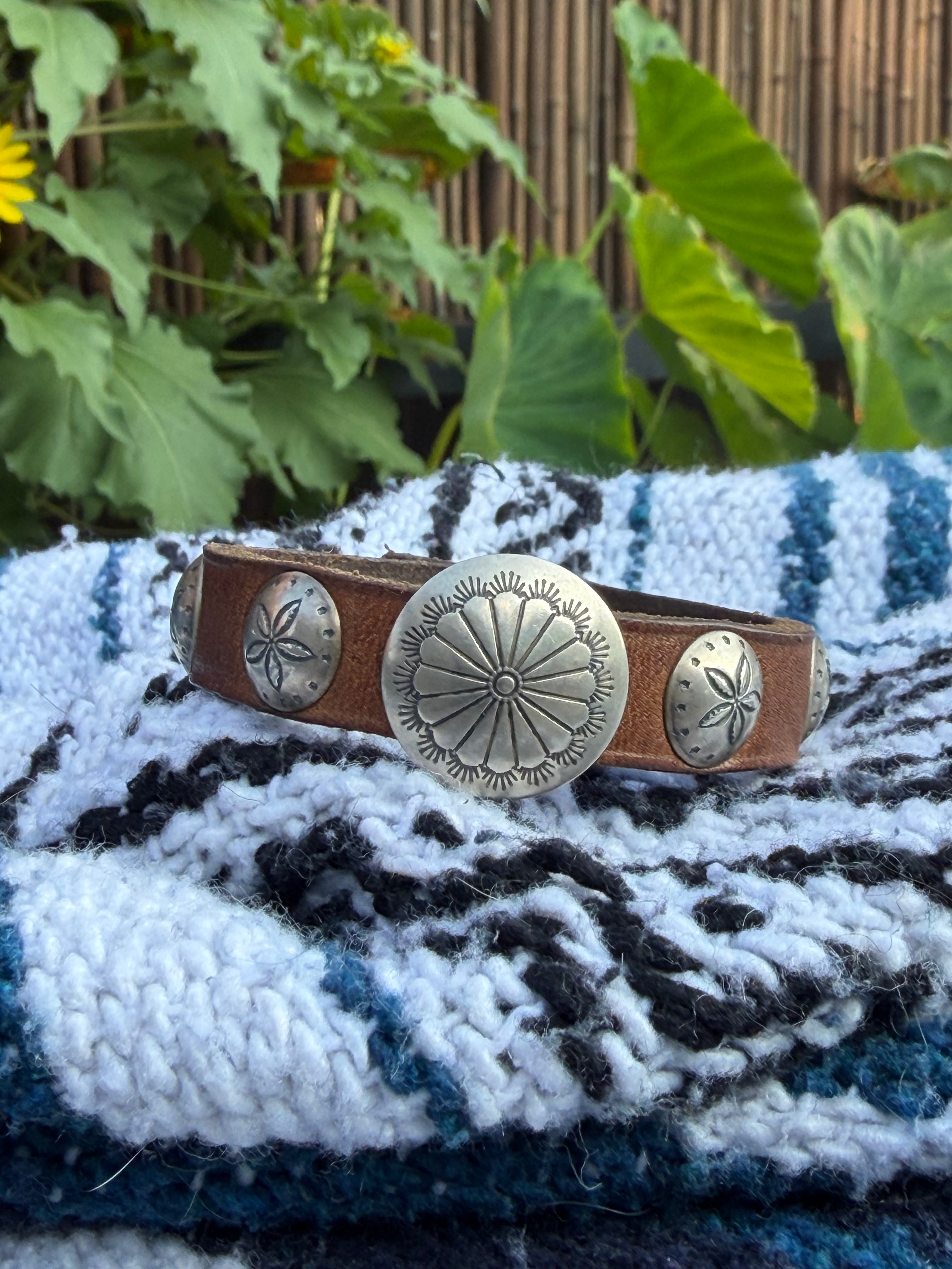 Vintage Southwestern Brown Leather Cuff | Multi-Concho Stamped Bracelet