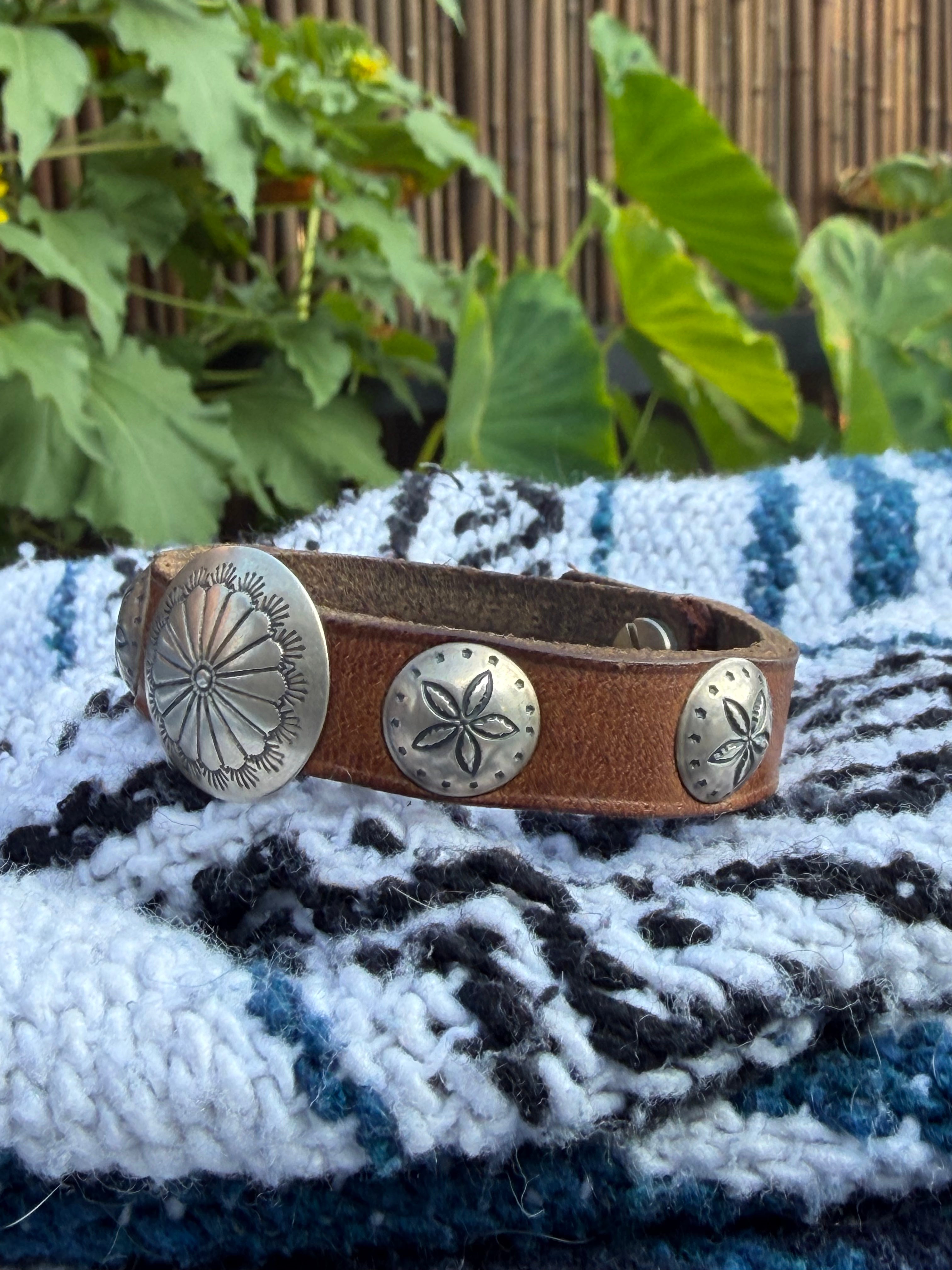 Vintage Southwestern Brown Leather Cuff | Multi-Concho Stamped Bracelet