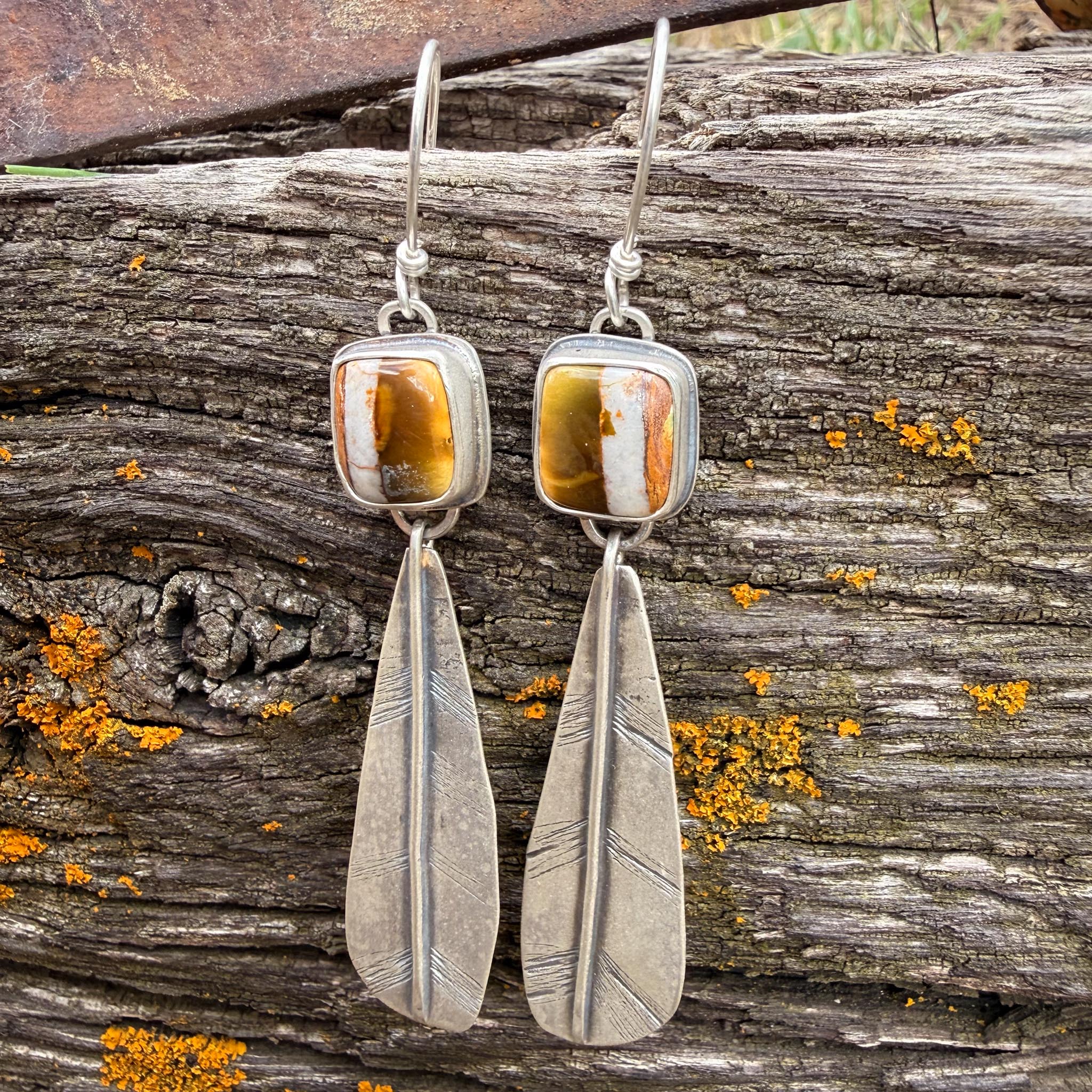 Polychrome Turquoise Feather Earrings | Sterling Silver Dangle Earrings | Handmade in Durango Colorado