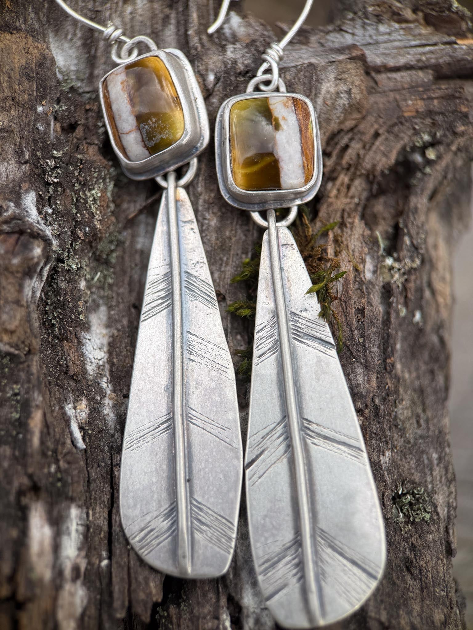 Polychrome Turquoise Feather Earrings | Sterling Silver Dangle Earrings | Handmade in Durango Colorado