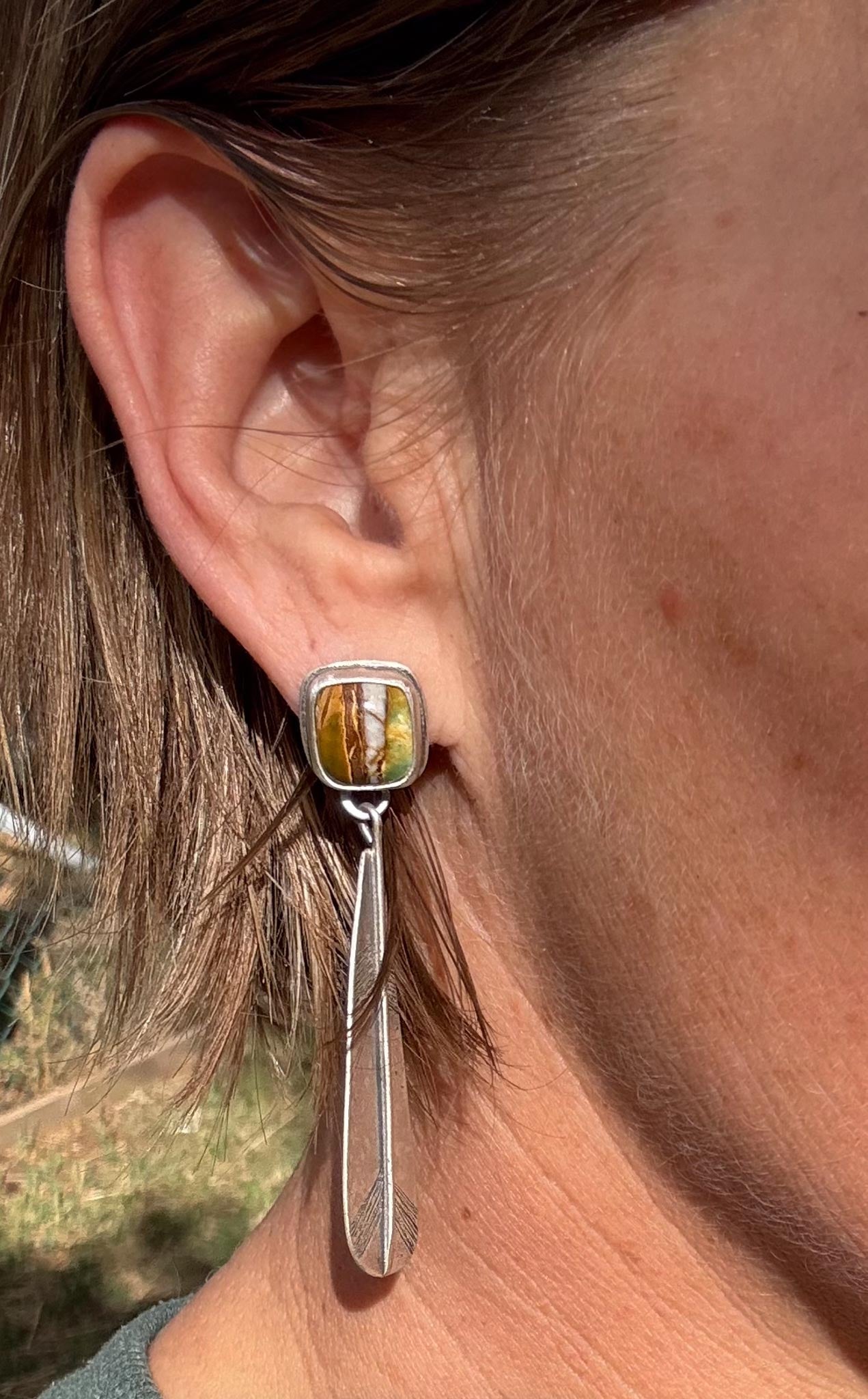Polychrome Turquoise Feather Stud Earrings | Sterling Silver Dangle Earrings | Handmade in Durango Colorado