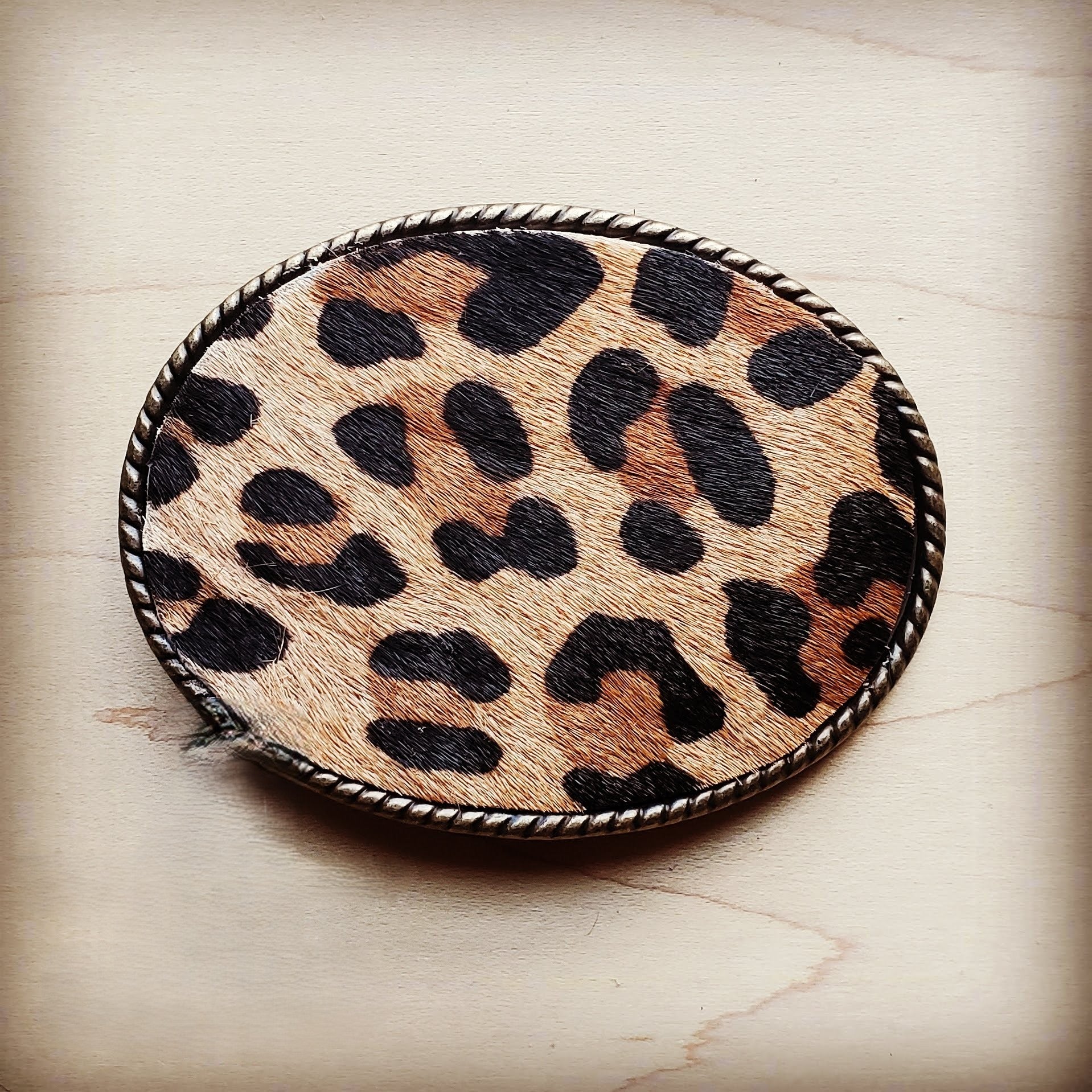 Rope Edge Leopard Hair on Hide Leather Belt Buckle 902d