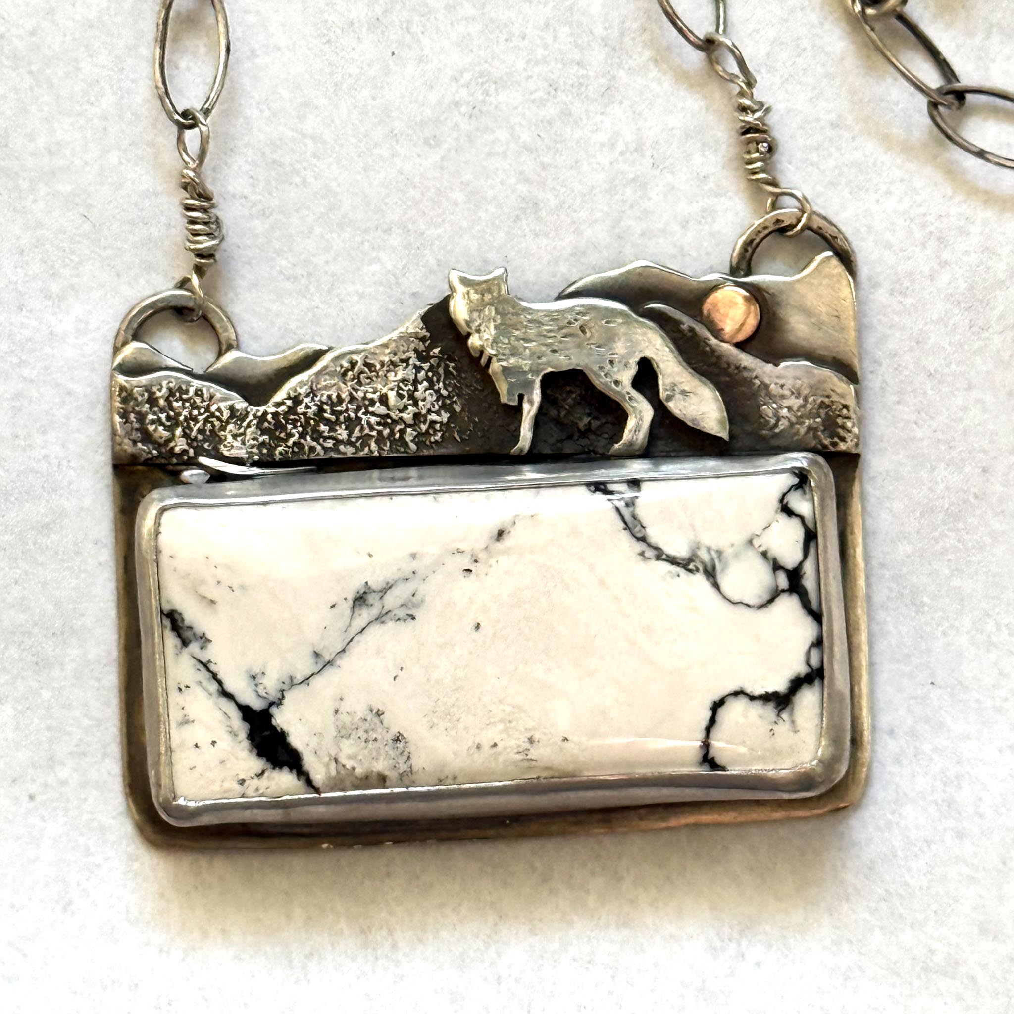 White Buffalo Turquoise Mountain Necklace | Fox and Moon Sterling Silver Pendant | Stand Collection