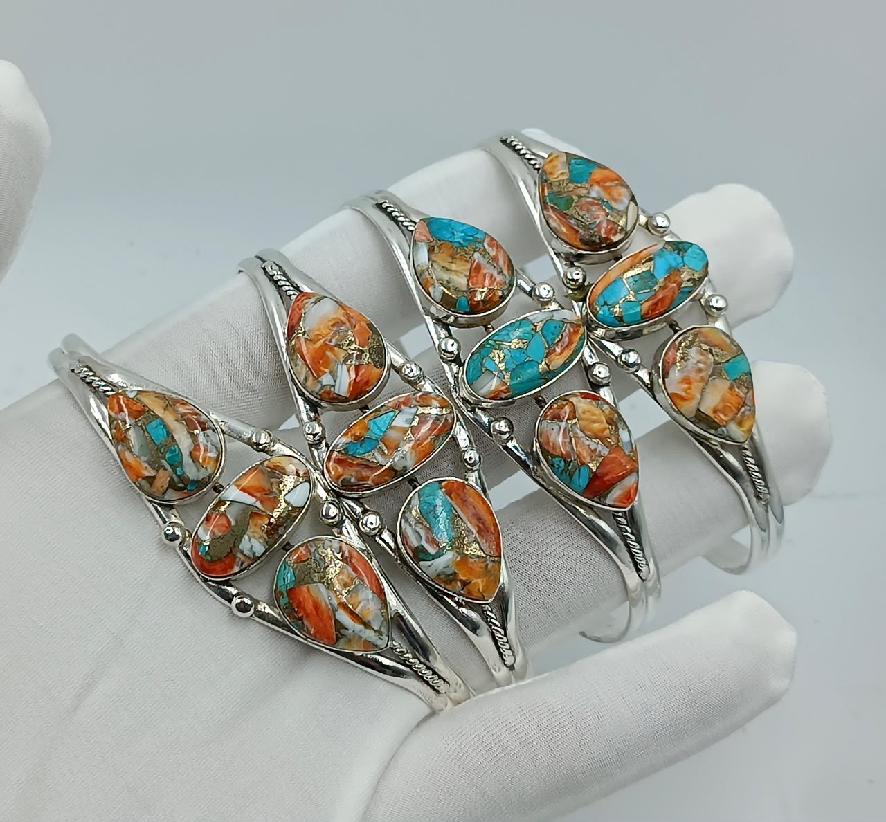 Wholesale Lot of Spiny Oyster Copper Turquoise Cuff Bracelets | 925 Stamped German Silver Multi-Stone Marquise Orange & Blue Composite Turquoise Bangles (100+ Pieces Available)