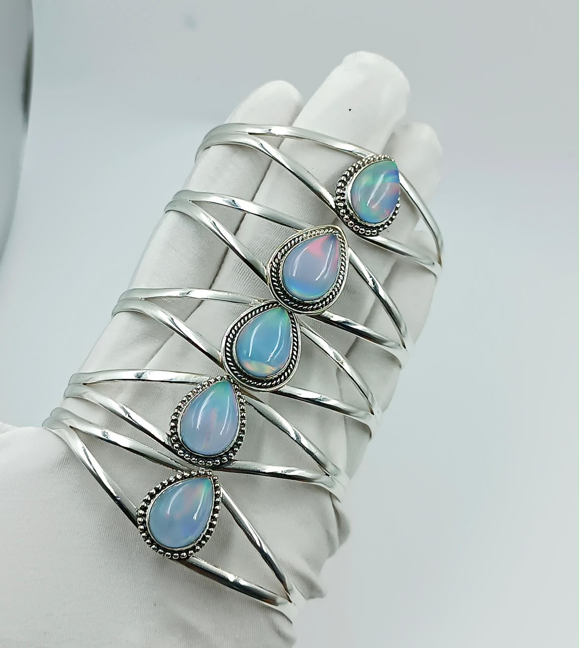 Wholesale Lot of 5 Opalite Teardrop Silver Plated Cuff Bracelets | 925 Stamped German Silver Adjustable Bangles for Women