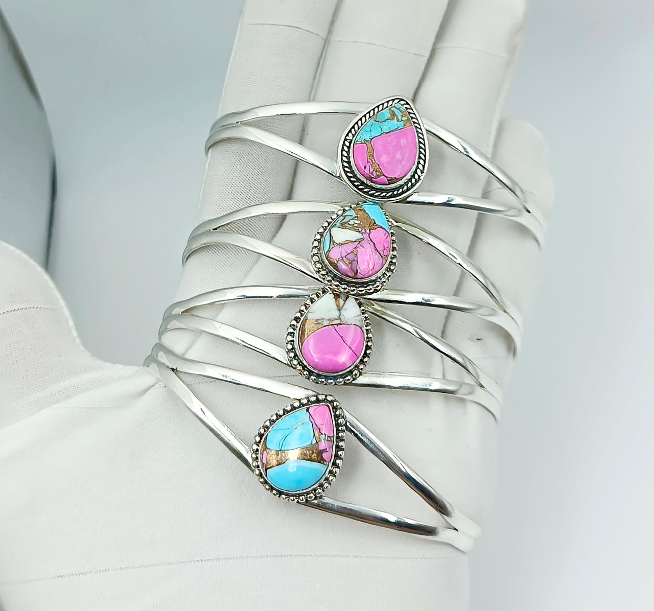 Handcrafted Silver Turquoise Pink Mojave Cuff Bracelets