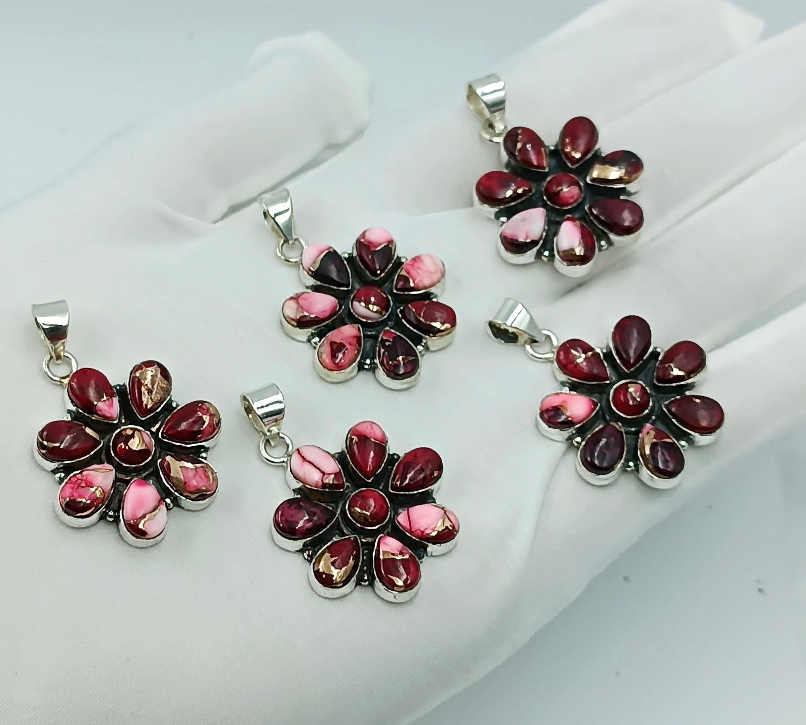Wholesale Lot of Flower Pink Spiny Oyster Turquoise Pendants | 925 Stamped German Silver Burgundy & Pink Composite Turquoise Petal Charms (100+ Pieces Available)