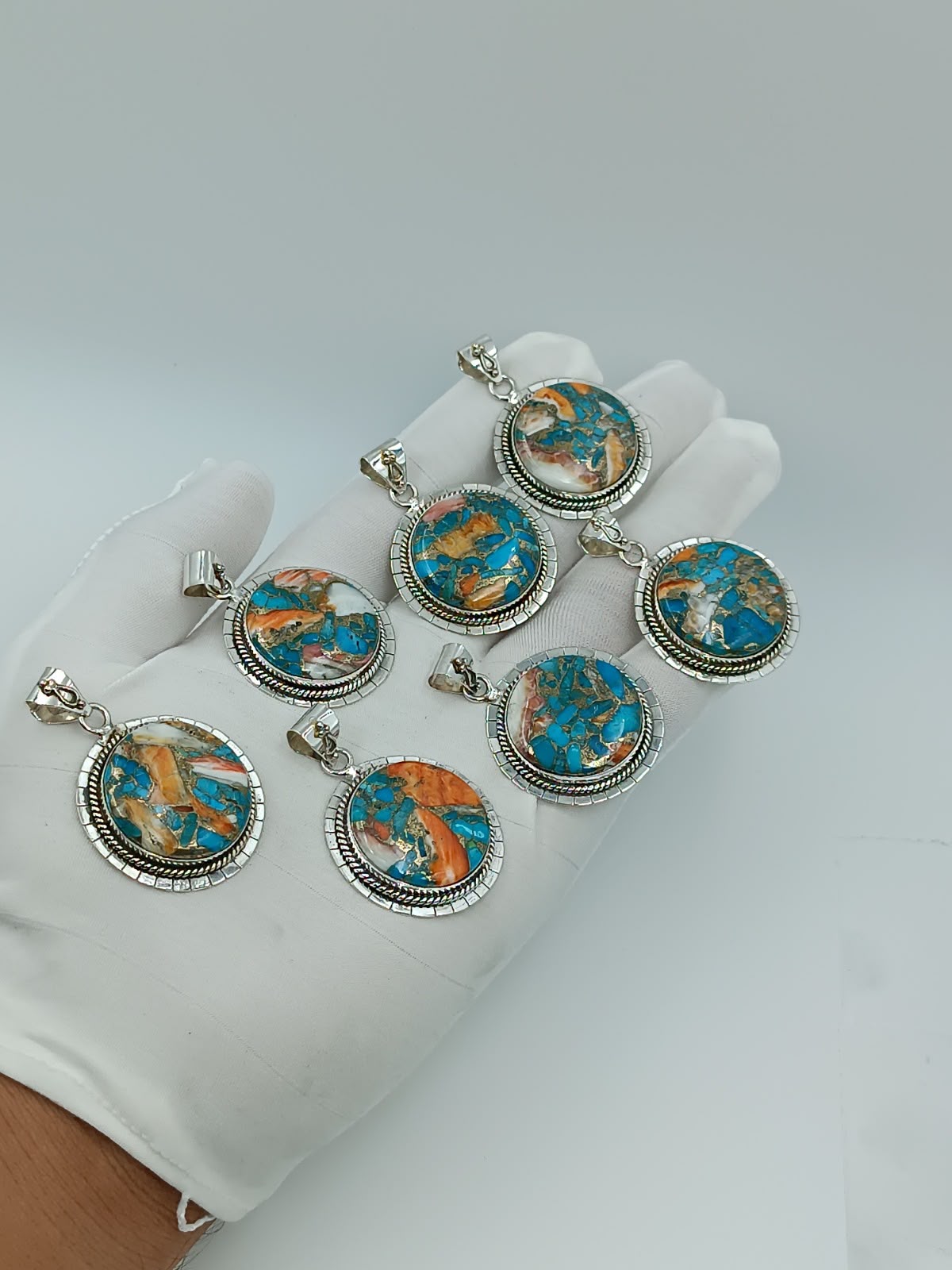 Wholesale Lot of Spiny Oyster Copper Turquoise Pendants | 925 Stamped German Silver Round Orange & Blue Mojave Turquoise Charms (100+ Pieces Available)