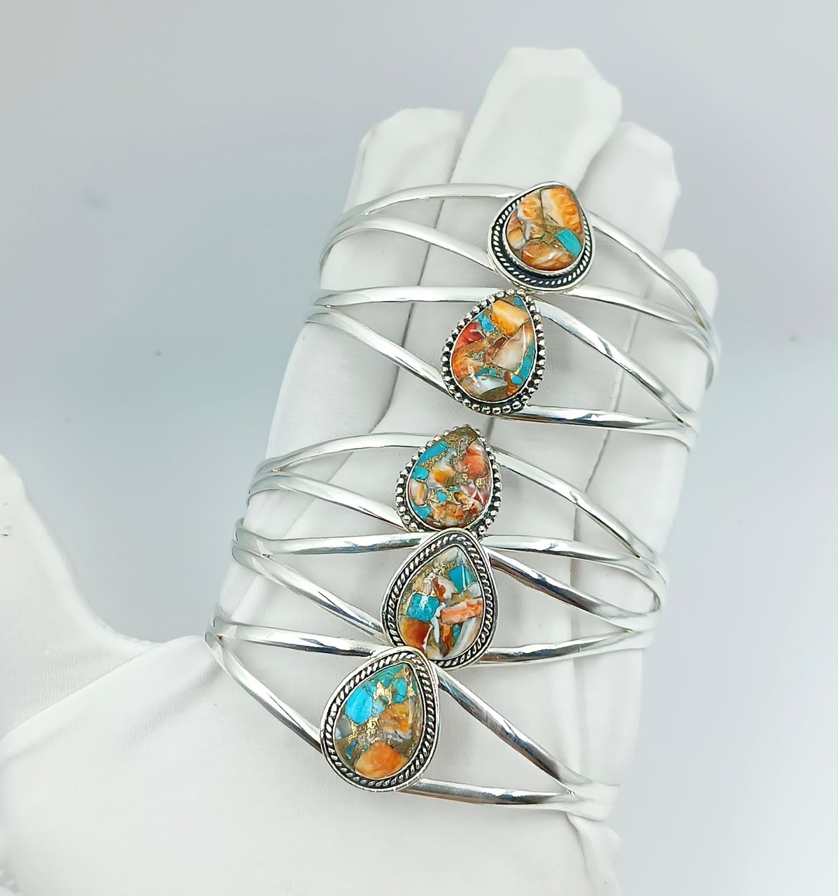 Wholesale Lot of Spiny Oyster Copper Turquoise Silver Plated Cuff Bracelets | 925 Stamped German Silver Orange & Blue Composite Turquoise Adjustable Bangles (100+ Pieces Available)
