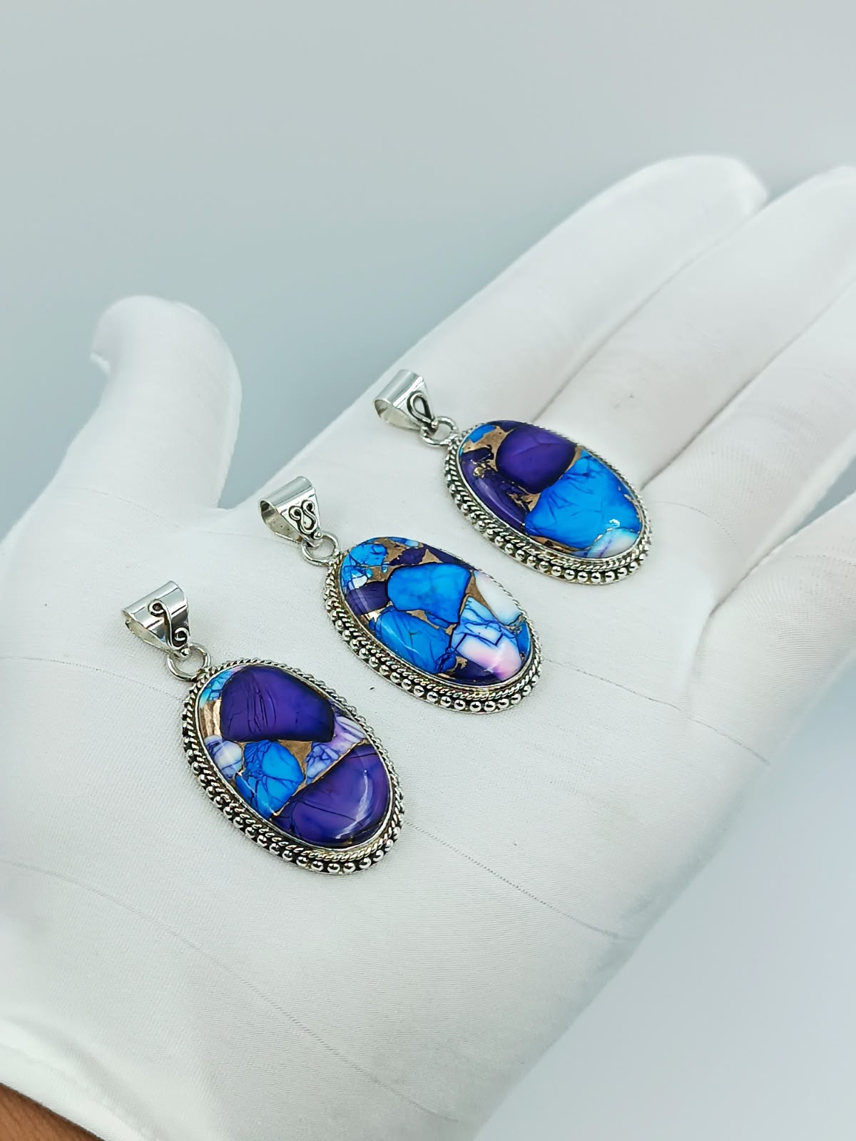 Blue Copper Turquoise Oval Pendant Trio | 925 Sterling Silver Handmade Pendant | Wholesale USA