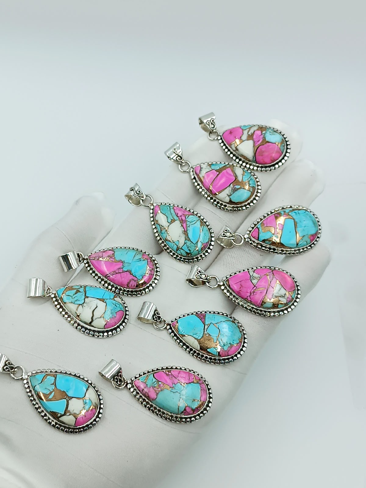 Wholesale Lot of Mojave Pink & Blue Turquoise Pendants | 925 Stamped German Silver Teardrop Copper Vein Composite Turquoise Charms (100+ Pieces Available)