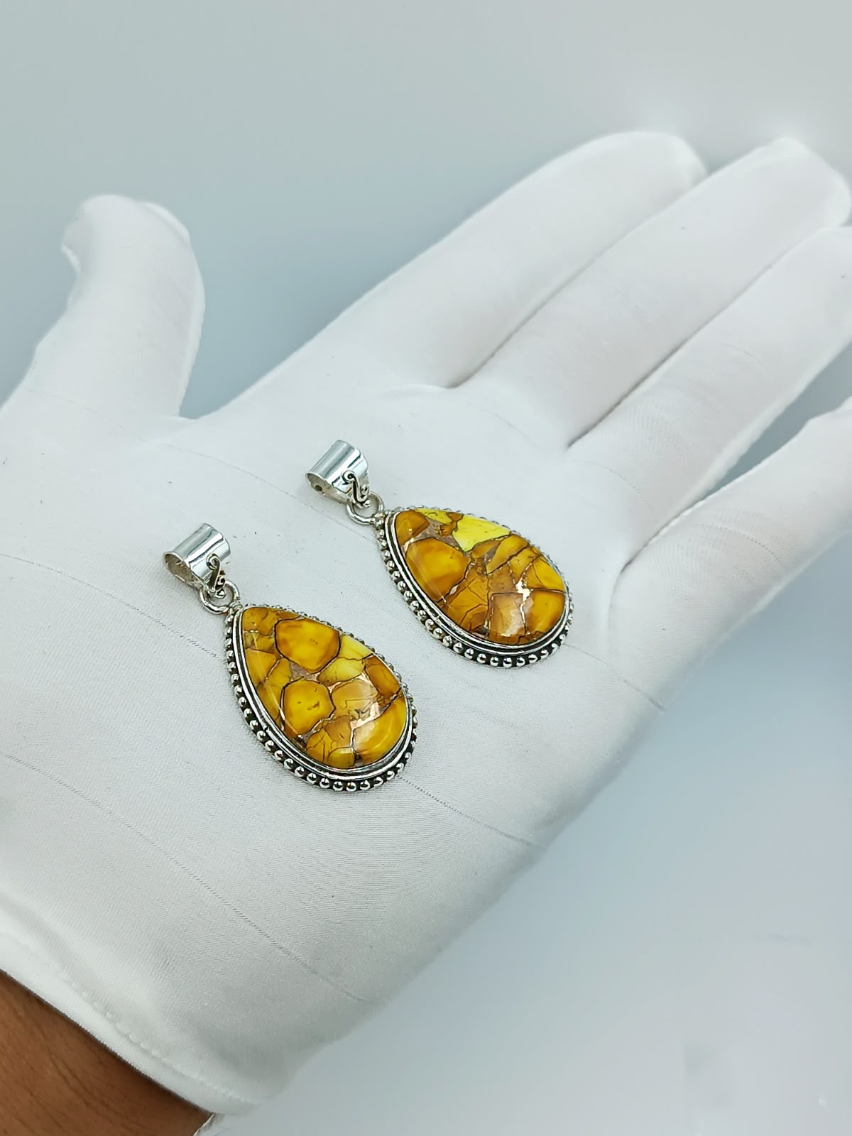 💛 Yellow Copper Turquoise Teardrop Pendant | 925 Sterling Silver Handmade Pendant | Wholesale USA