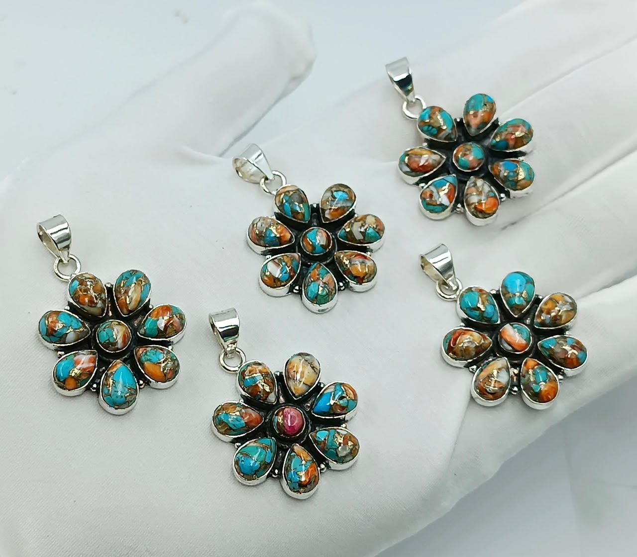 Wholesale Lot of Flower Spiny Oyster Turquoise Pendants | 925 Stamped German Silver Orange & Blue Mojave Composite Turquoise Petal Charms (100+ Pieces Available)