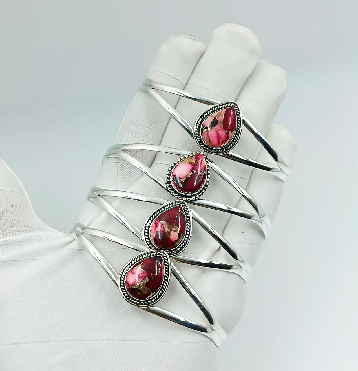 Wholesale Lot of Pink & Burgundy Spiny Oyster Turquoise Silver Plated Cuff Bracelets | 925 Stamped German Silver Composite Turquoise Adjustable Bangles (100+ Pieces Available)