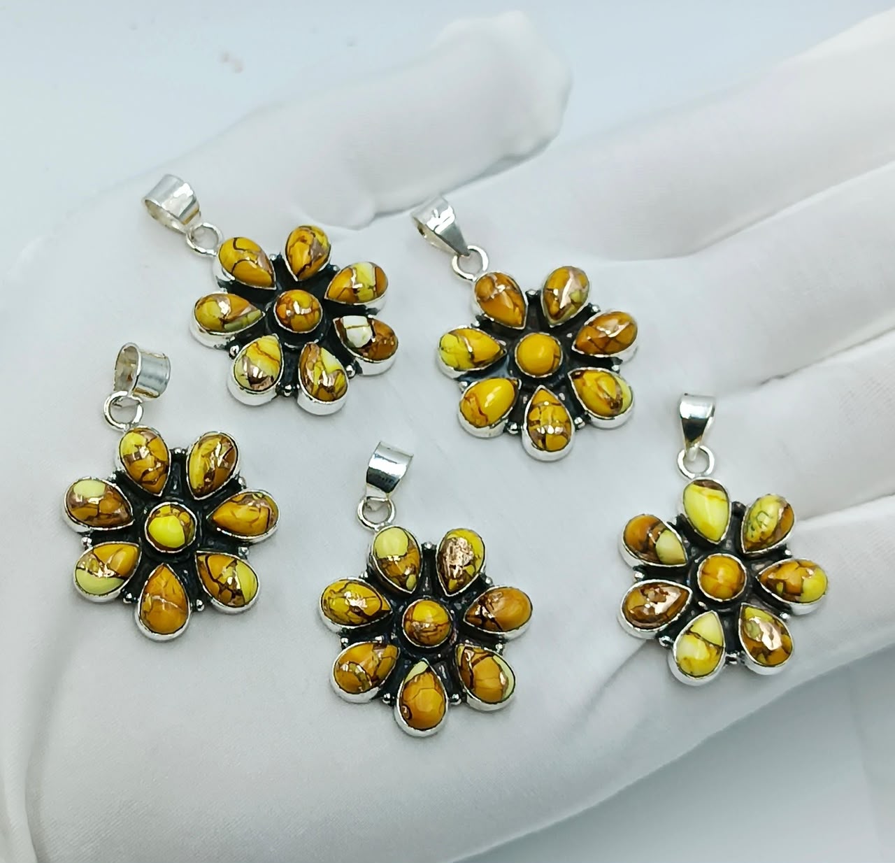 🌼 Yellow Copper Turquoise Flower Pendant | 925 Sterling Silver Handmade Pendant | Wholesale USA