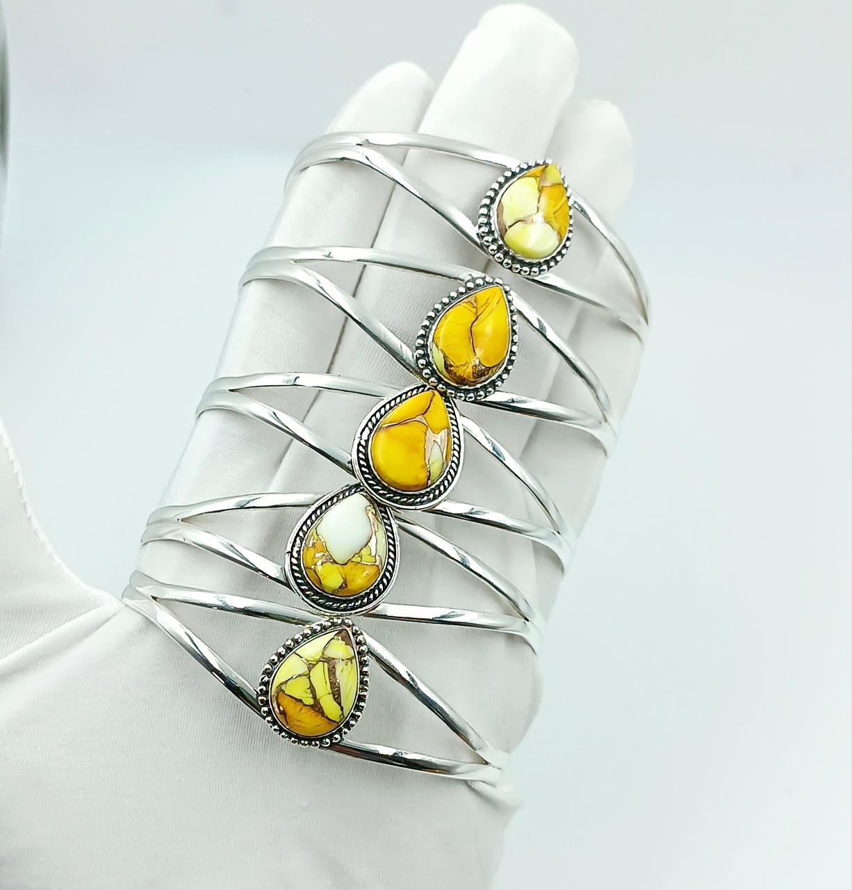 💛 Yellow Copper Turquoise Teardrop Cuff Bracelet | 925 Sterling Silver Handmade Cuff | Wholesale USA