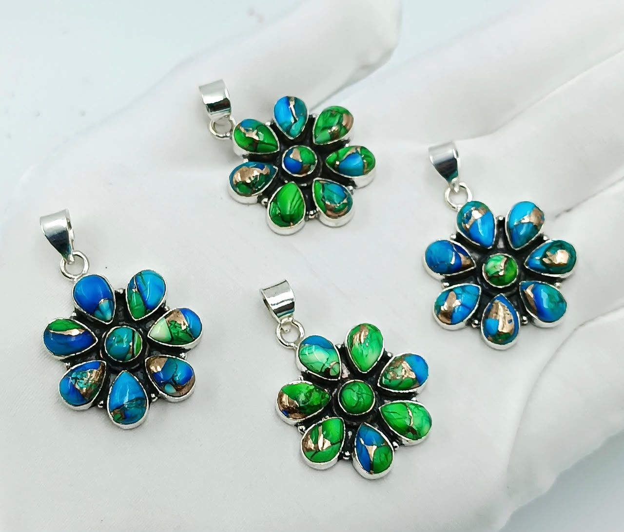 Blue & Green Copper Turquoise Flower Pendant | 925 Sterling Silver Handmade Jewelry | Wholesale USA