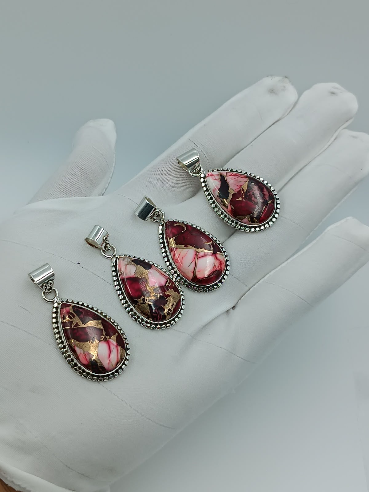 Wholesale Lot of Teardrop Burgundy & Pink Spiny Oyster Turquoise Pendants | 925 Stamped German Silver Copper Vein Composite Turquoise Charms (100+ Pieces Available)