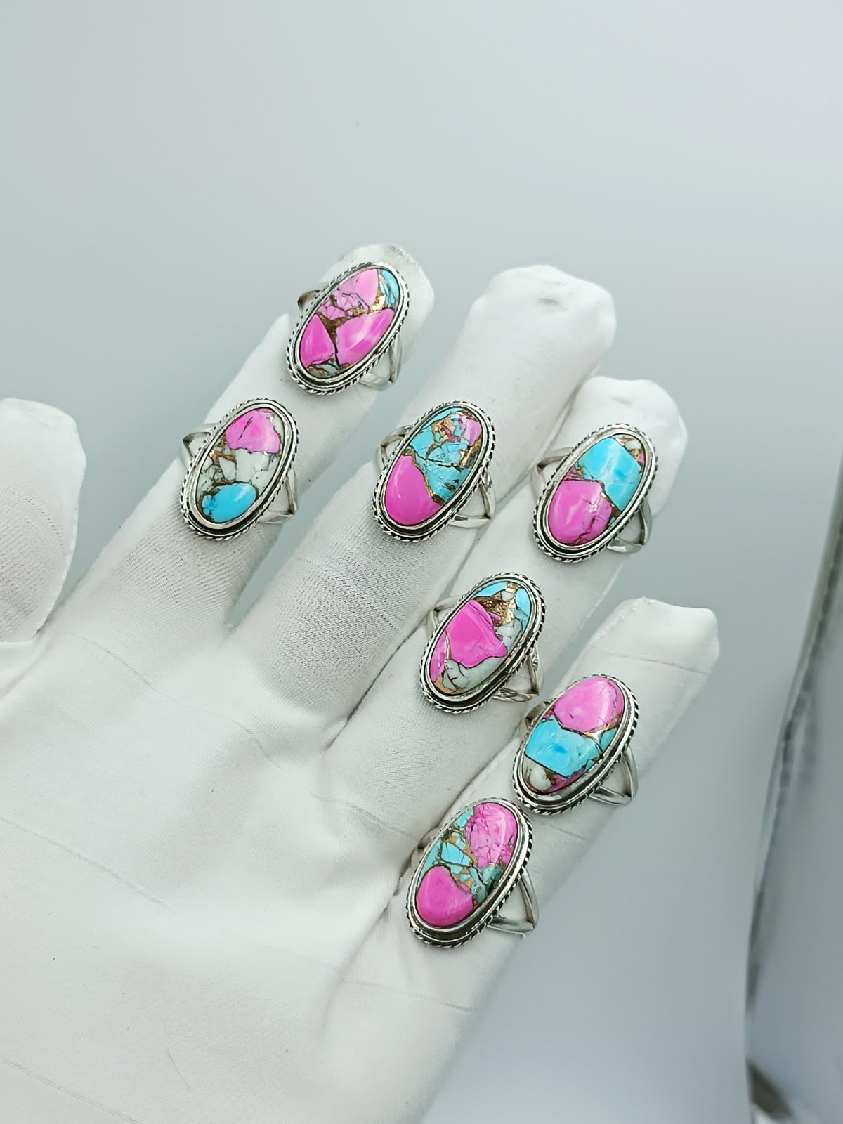 Wholesale Lot of Oval Mojave Pink & Blue Turquoise Rings | 925 Stamped German Silver Pink & Blue Copper Composite Turquoise Statement Rings (100+ Pieces Available)