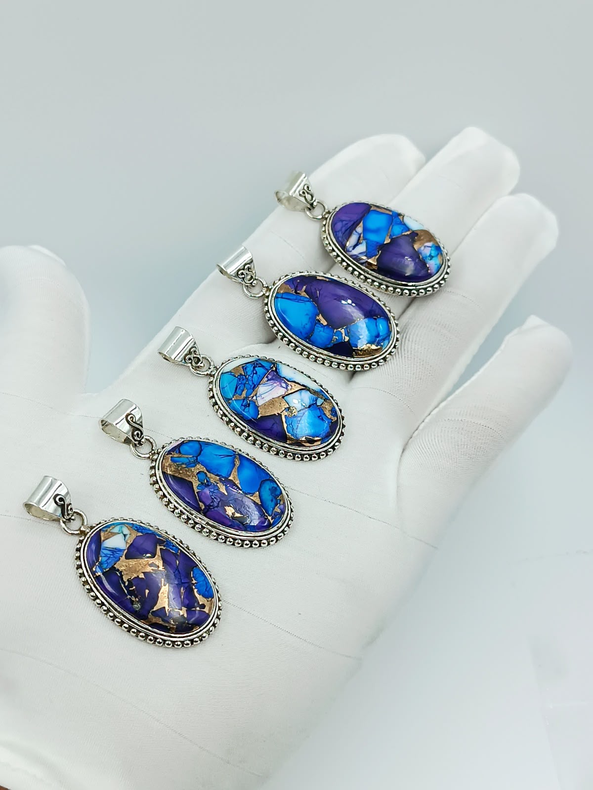 Blue & Purple Copper Turquoise Oval Pendant | Handmade 925 Sterling Silver Gemstone Jewelry | Wholesale Collection