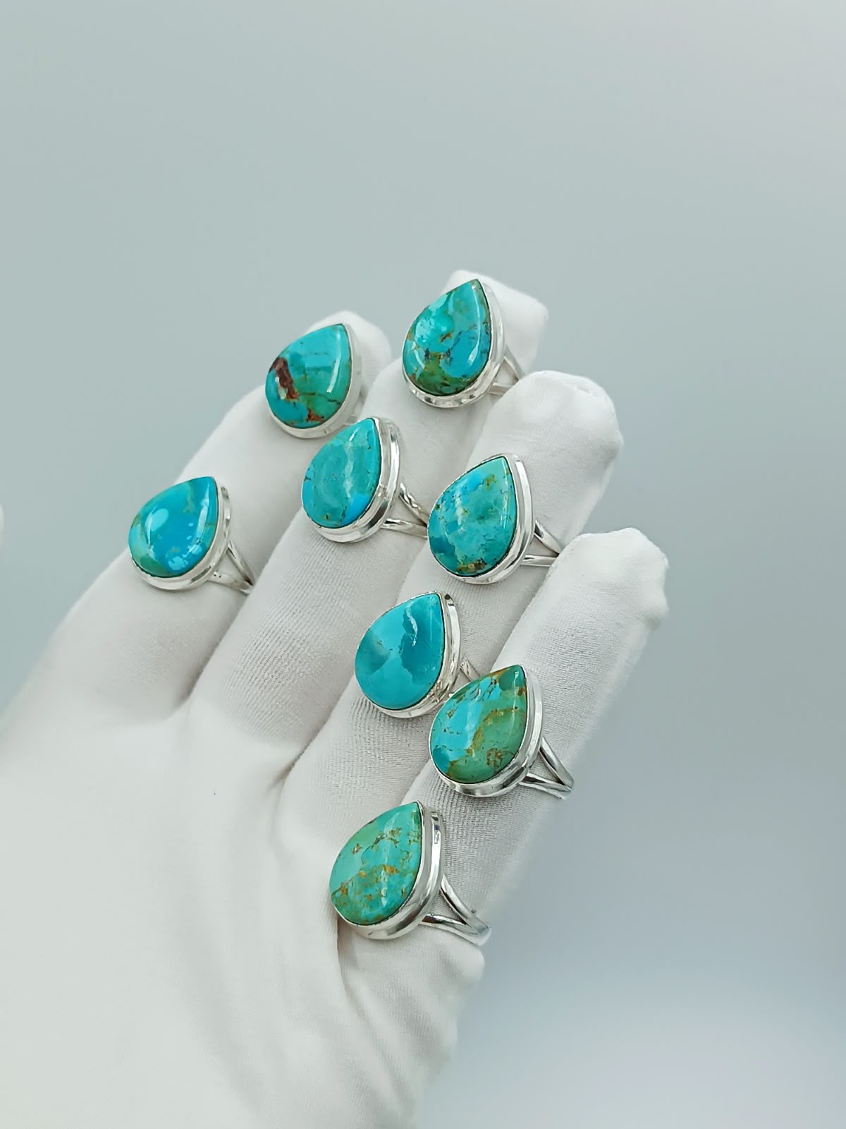 Wholesale Lot of Teardrop Turquoise Silver Plated Rings | 925 Stamped German Silver Blue & Teal Turquoise Minimalist Statement Rings (100+ Pieces Available)