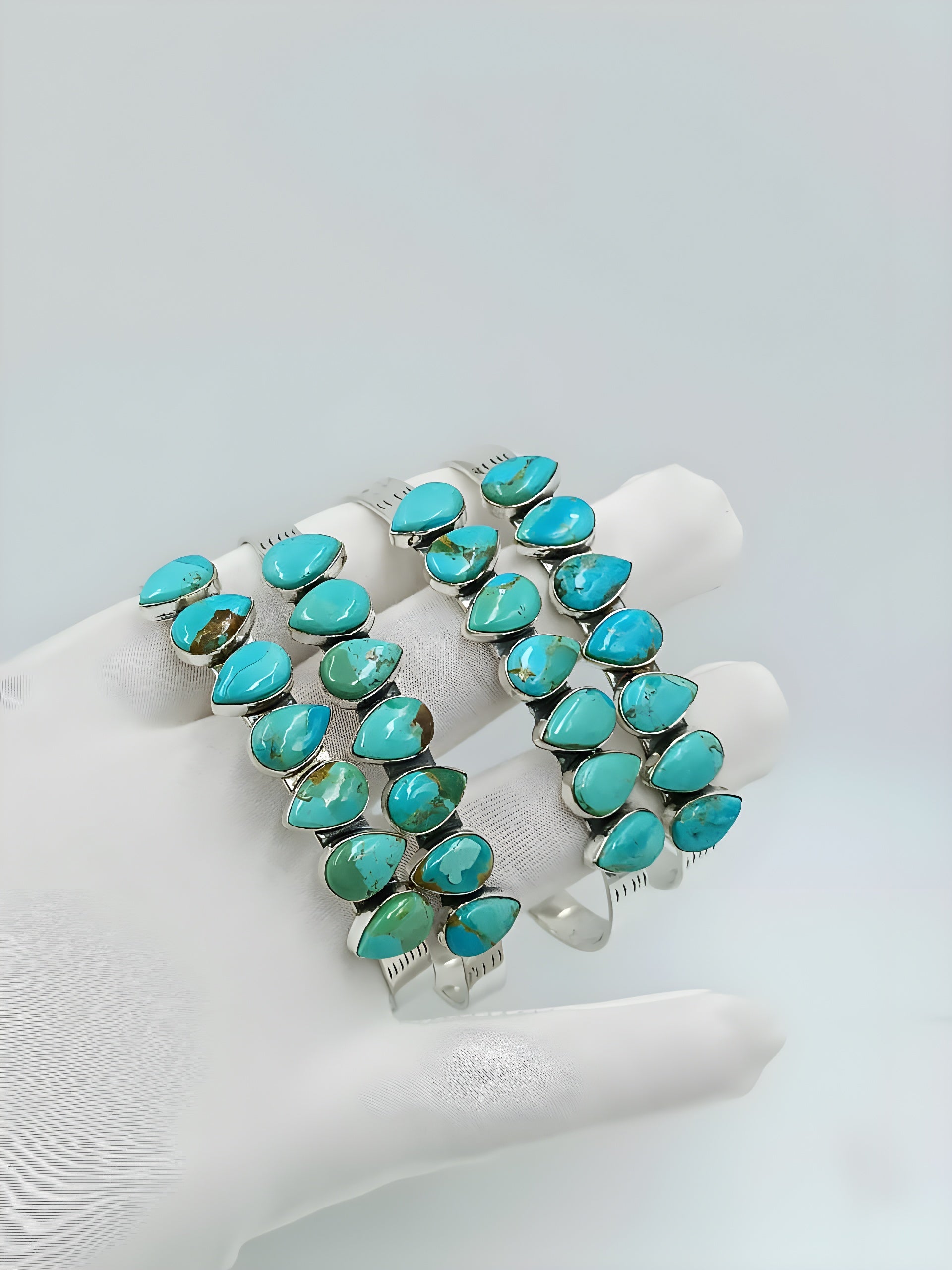 Natural Turquoise Cluster Cuff Bracelet – Handmade Sterling Silver Statement Bracelet