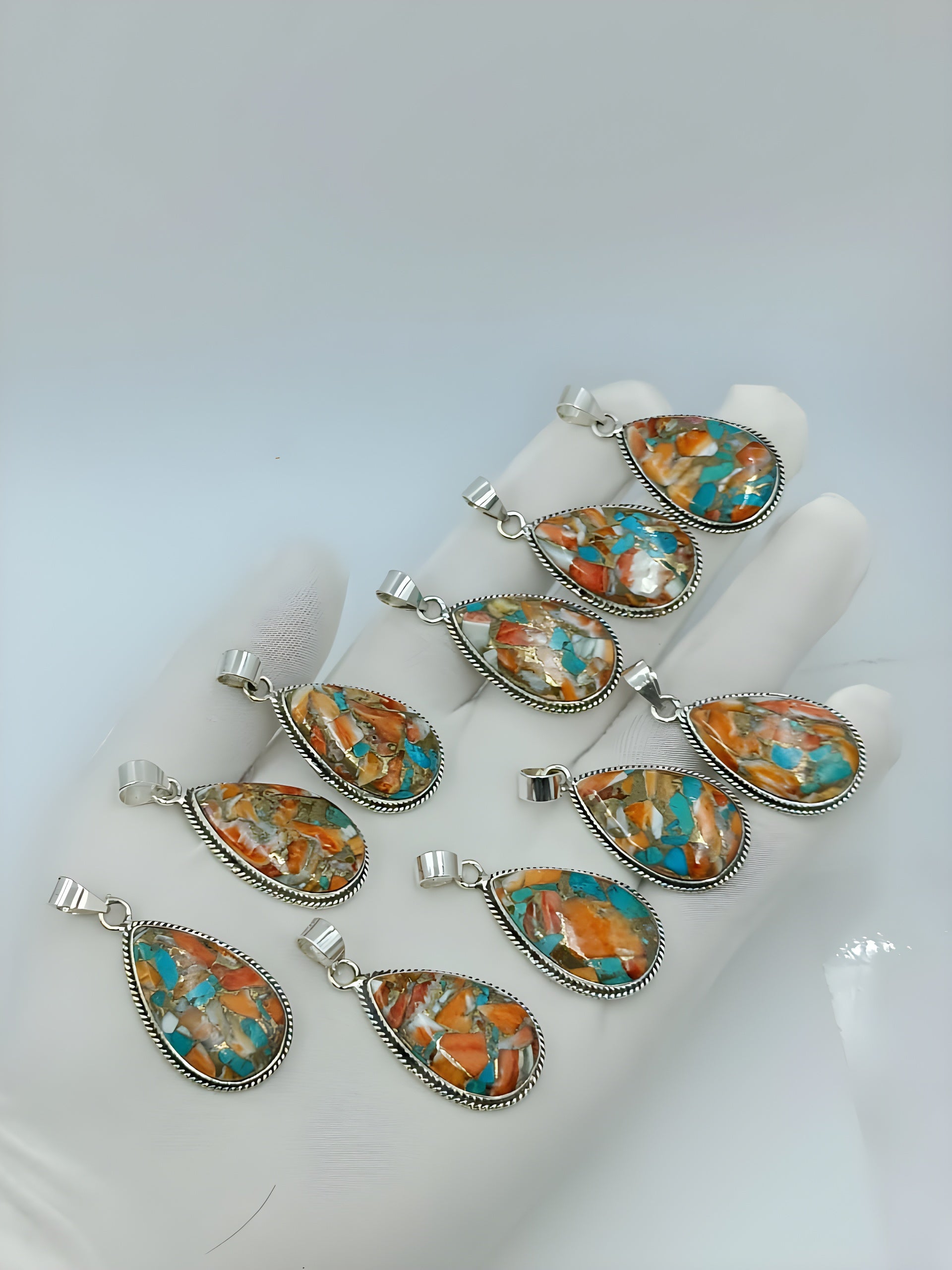 Colorful Mosaic Jasper Teardrop Pendant – Handmade Natural Stone Silver Pendant