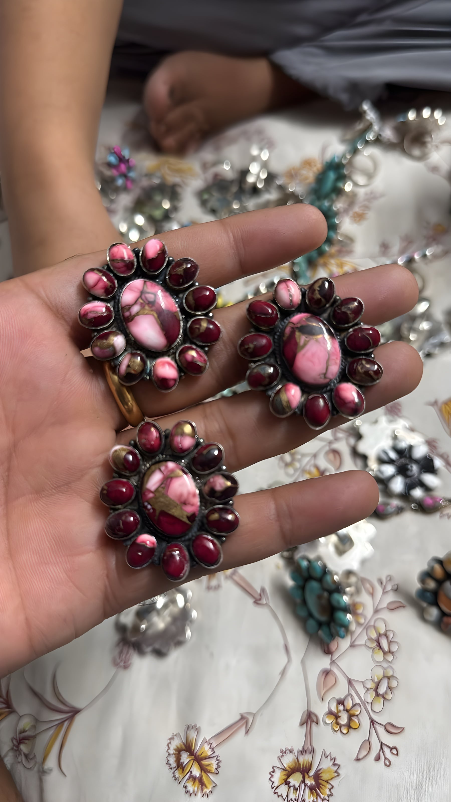 Natural Pink Gemstone Floral Statement Brooch – Handmade Vintage Jewelry