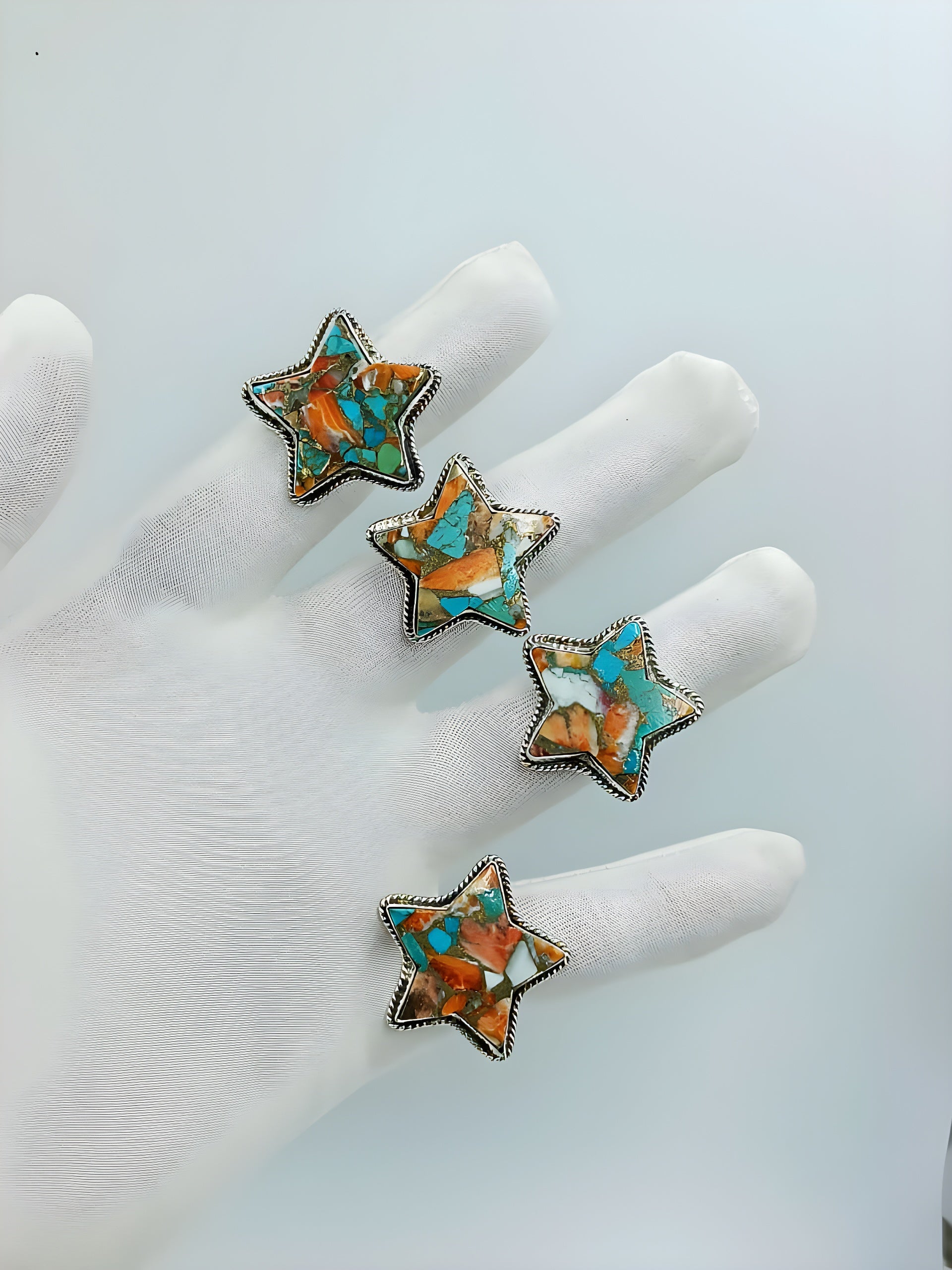 Celestial Magic ✨ Handcrafted Star Mosaic Turquoise & Spiny Oyster Rings