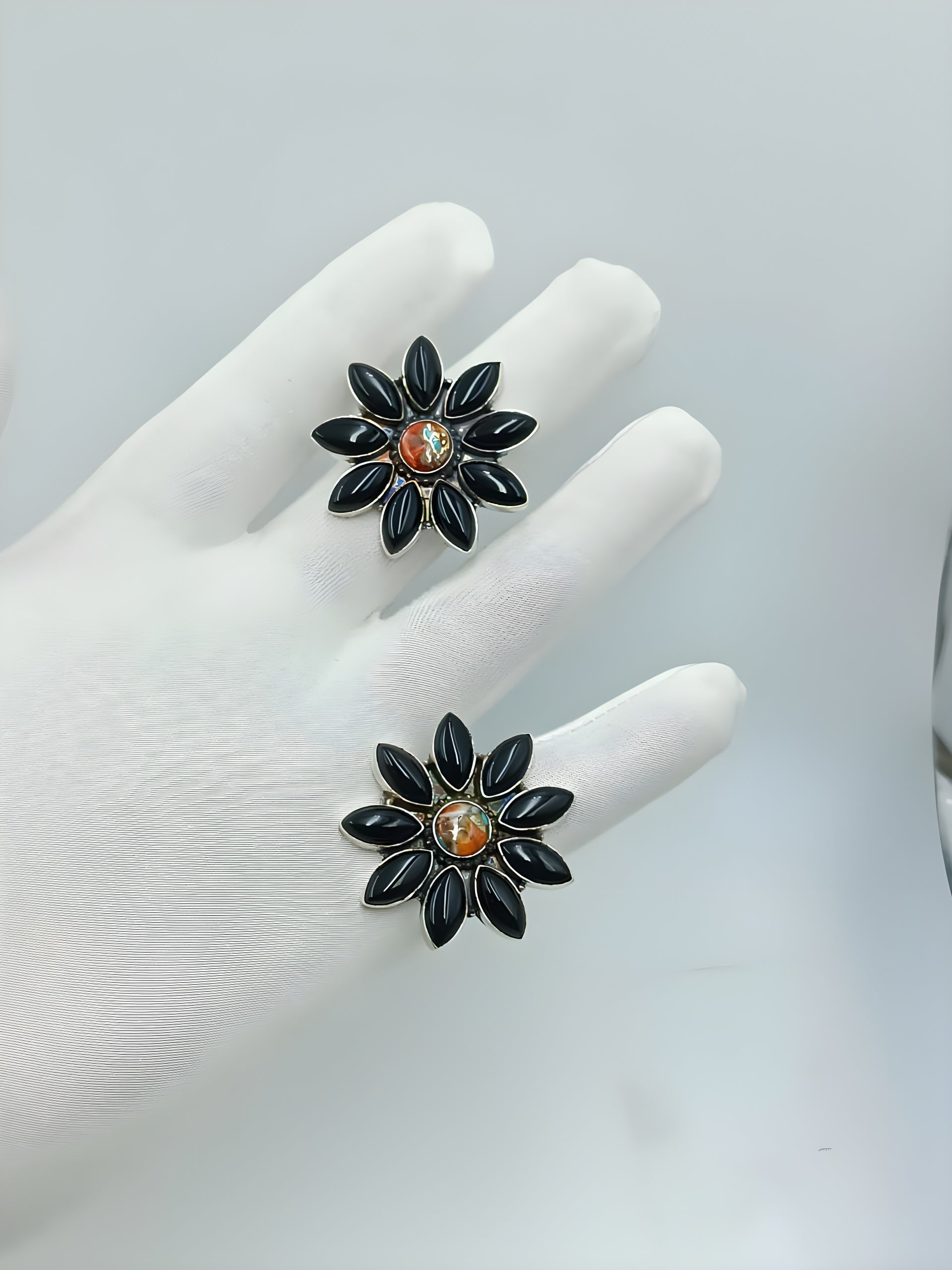 Wholesale Lot Assorted Flower Statement Rings – Black Onyx & Red Coral Silver Plated Rings (925 Stamped)