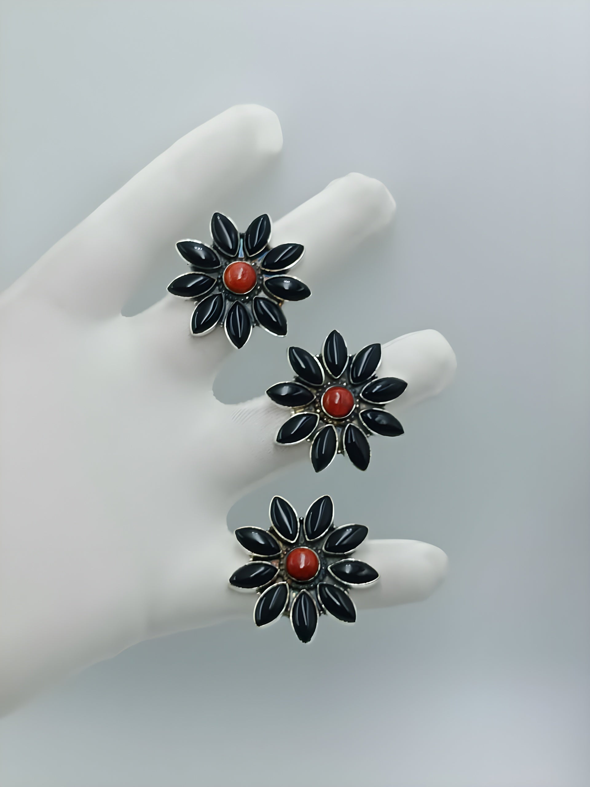Wholesale Lot Assorted Flower Statement Rings – Black Onyx & Red Coral Silver Plated Rings (925 Stamped)