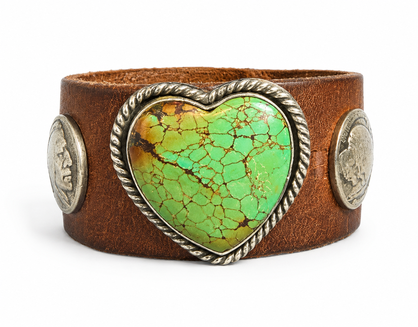 Vintage Southwestern Leather Cuff Bracelet with Heart Turquoise & Buffalo Nickels