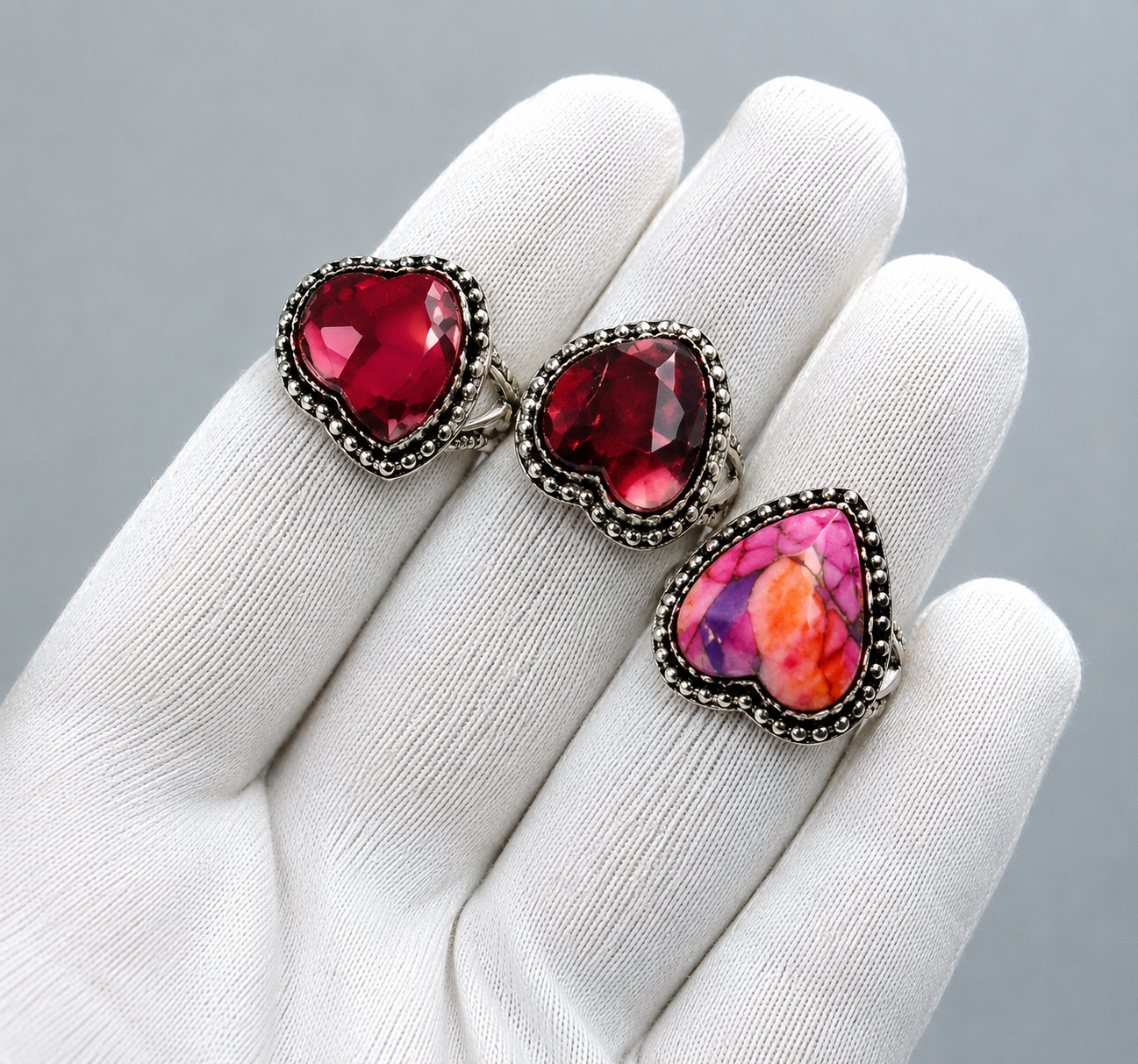 Vintage Colorful Heart Gemstone Ring – Adjustable Silver Statement Ring for Women