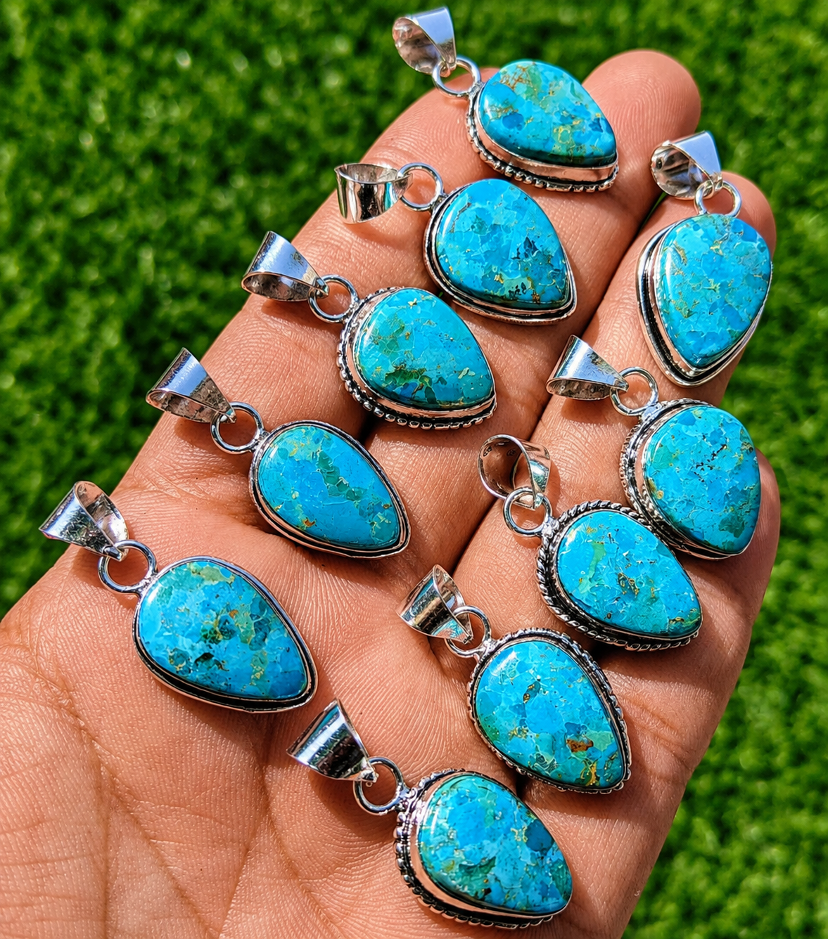 Wholesale Lot of Silver Plated Turquoise Teardrop Pendants – 925 Stamped German Silver Gemstone Pendant Lot