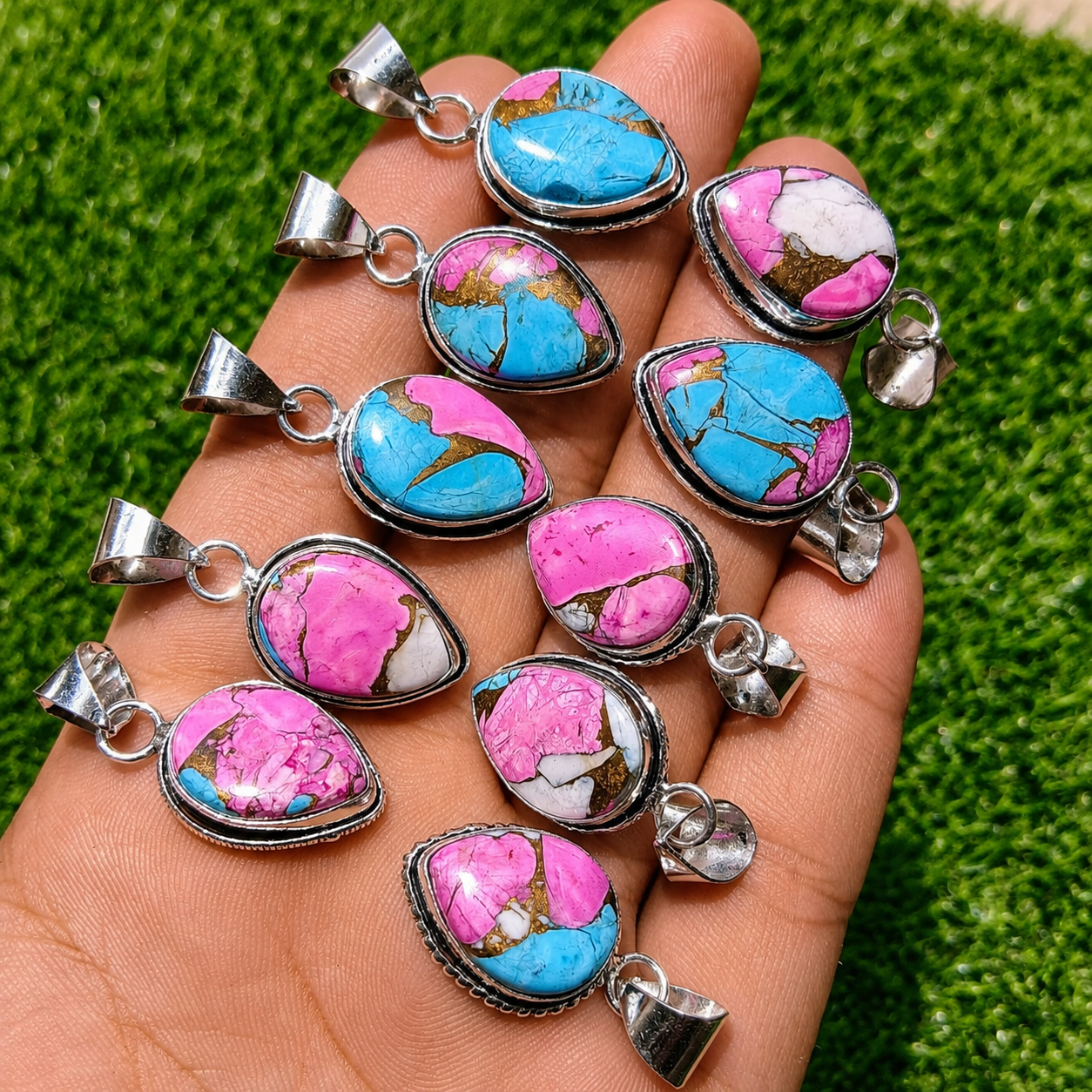 Colorful Pink & Blue Turquoise Teardrop Pendant – Handmade Statement Jewelry