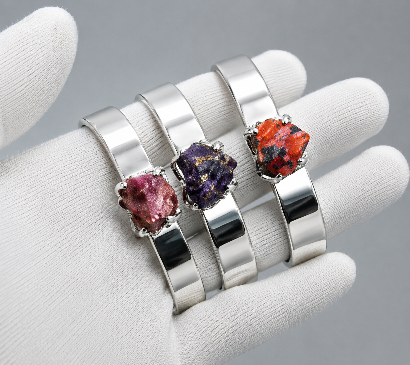 Natural Raw Gemstone Cuff Bracelet – Adjustable Silver Statement Bangle for Women