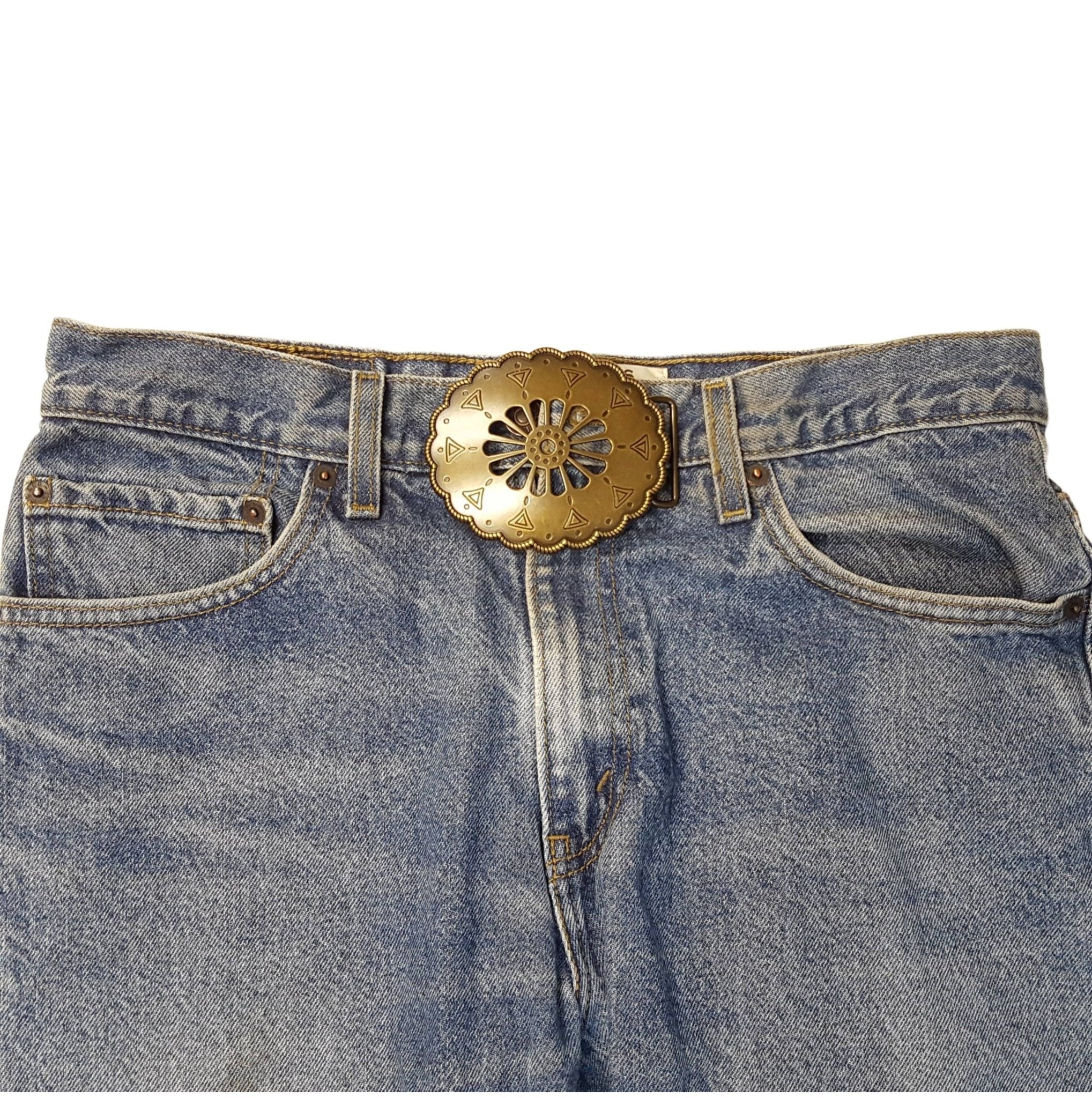 Navajo-Inspired Vintage Brass Open Work Western Belt Buckle — Matte Brass with Floral Cut-Out