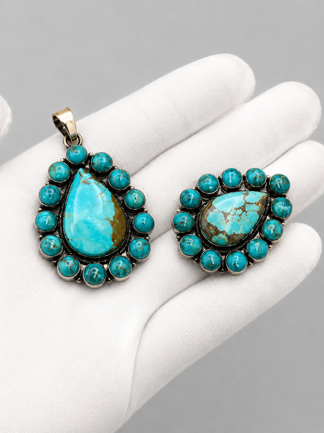 Vintage Turquoise Teardrop Pendant Set – Silver Statement Jewelry for Women