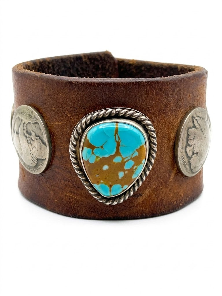 Vintage Southwestern Leather Cuff Bracelet with Teardrop Turquoise & Buffalo Nickels