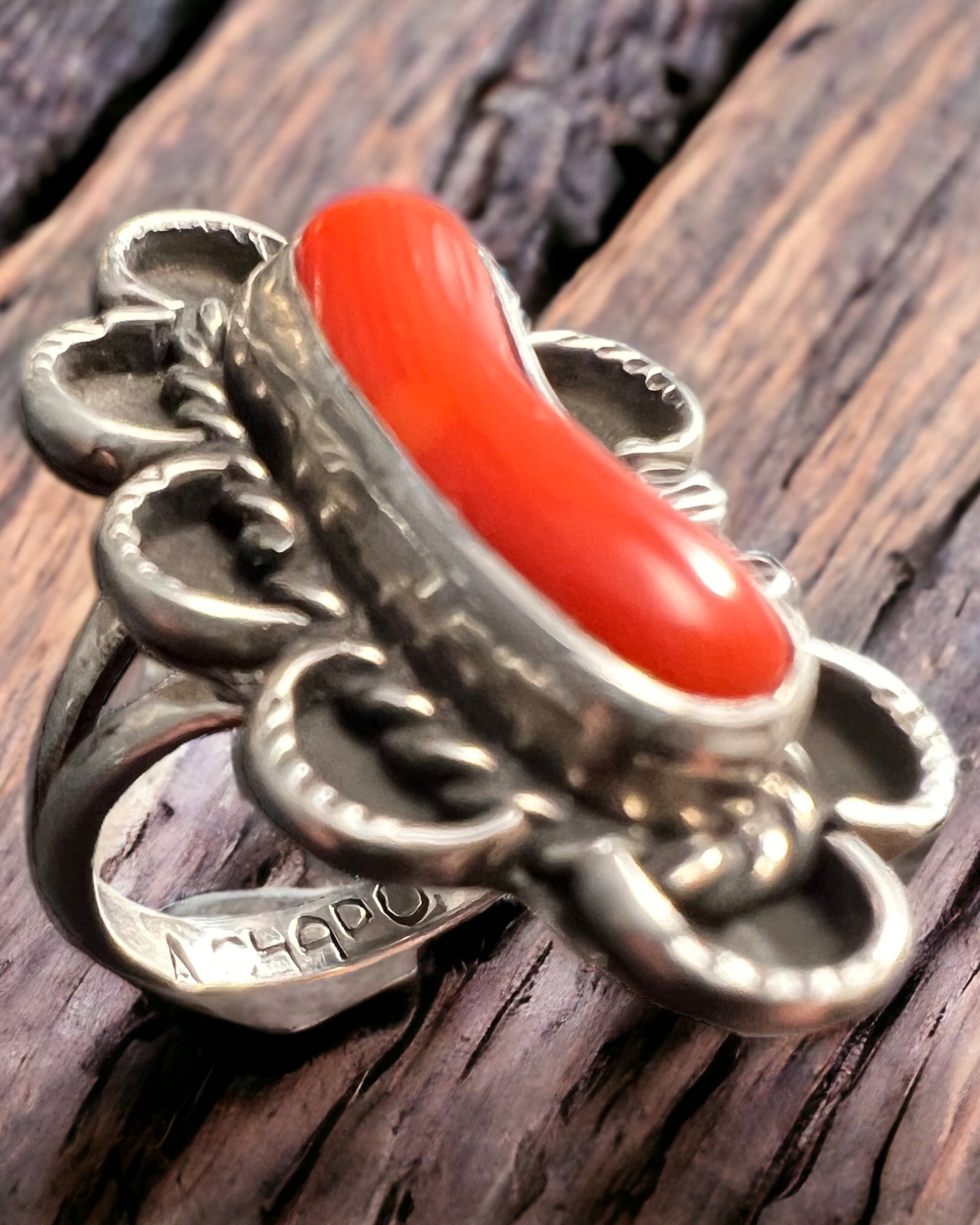 Annie Chapo Hand-Stamped Sterling Silver Coral Ring — Size 7 (Vintage Native American)