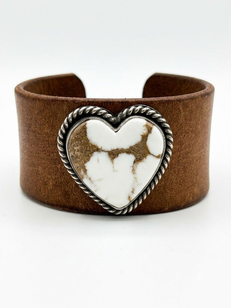 Boho Western Wide Leather Cuff | Heart-Shaped White Turquoise Stone