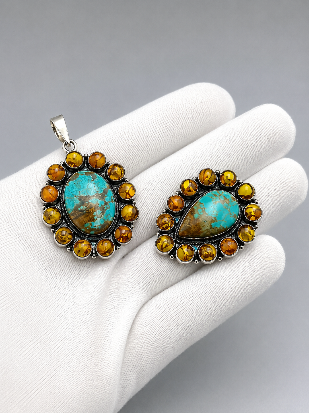 Vintage Turquoise & Amber Gemstone Pendant Set – Handmade Silver Statement Jewelry