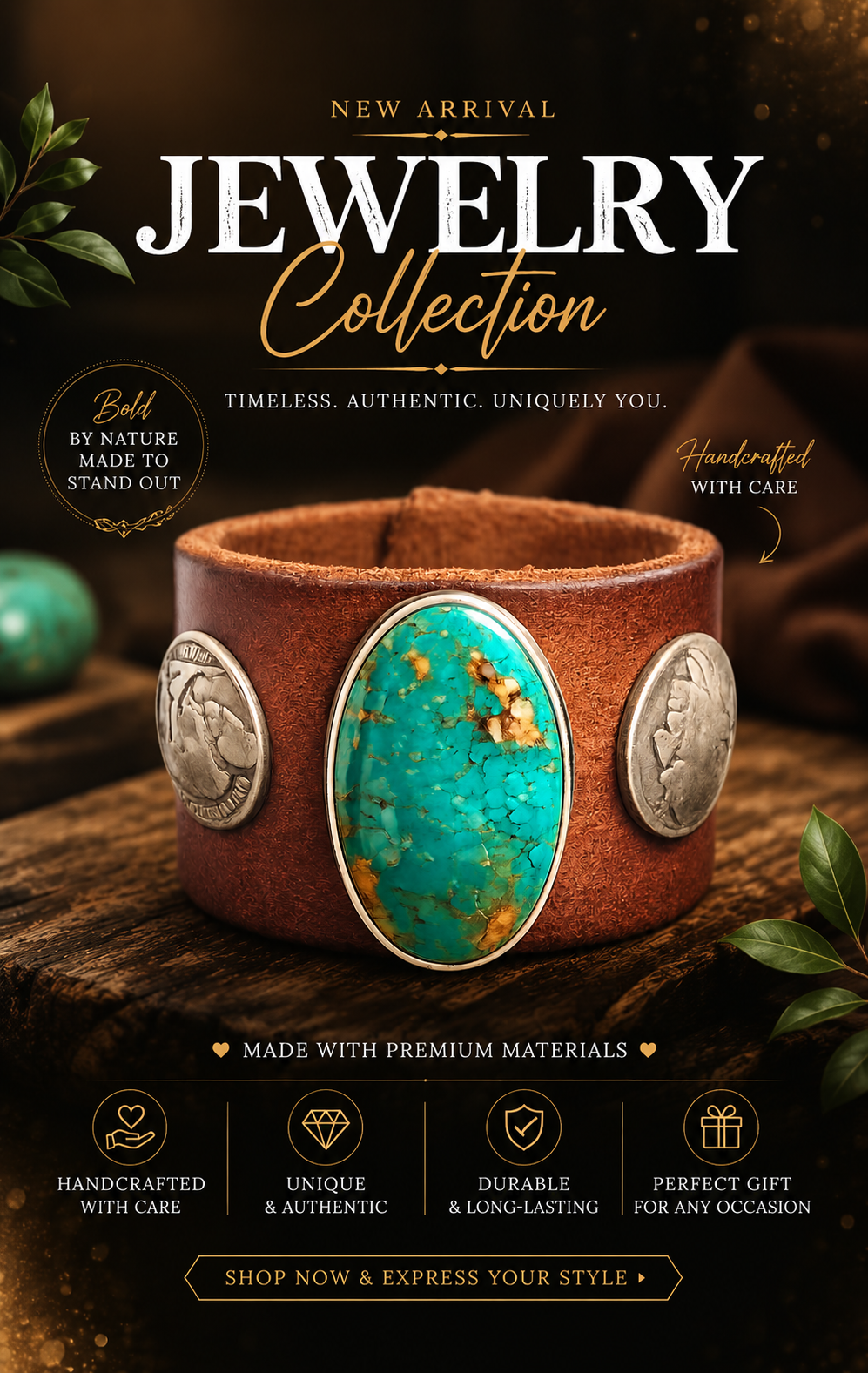 Custom Tailored Saddle Leather Cuff Bracelet with Oval Turquoise and Vintage Coins