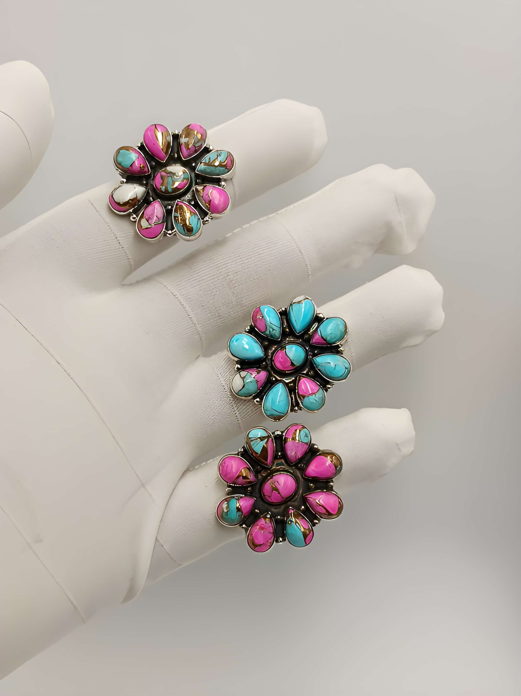 Southwestern Floral Statement Rings – Pink & Turquoise Stone Flower Design | Adjustable Boho Ring Collection