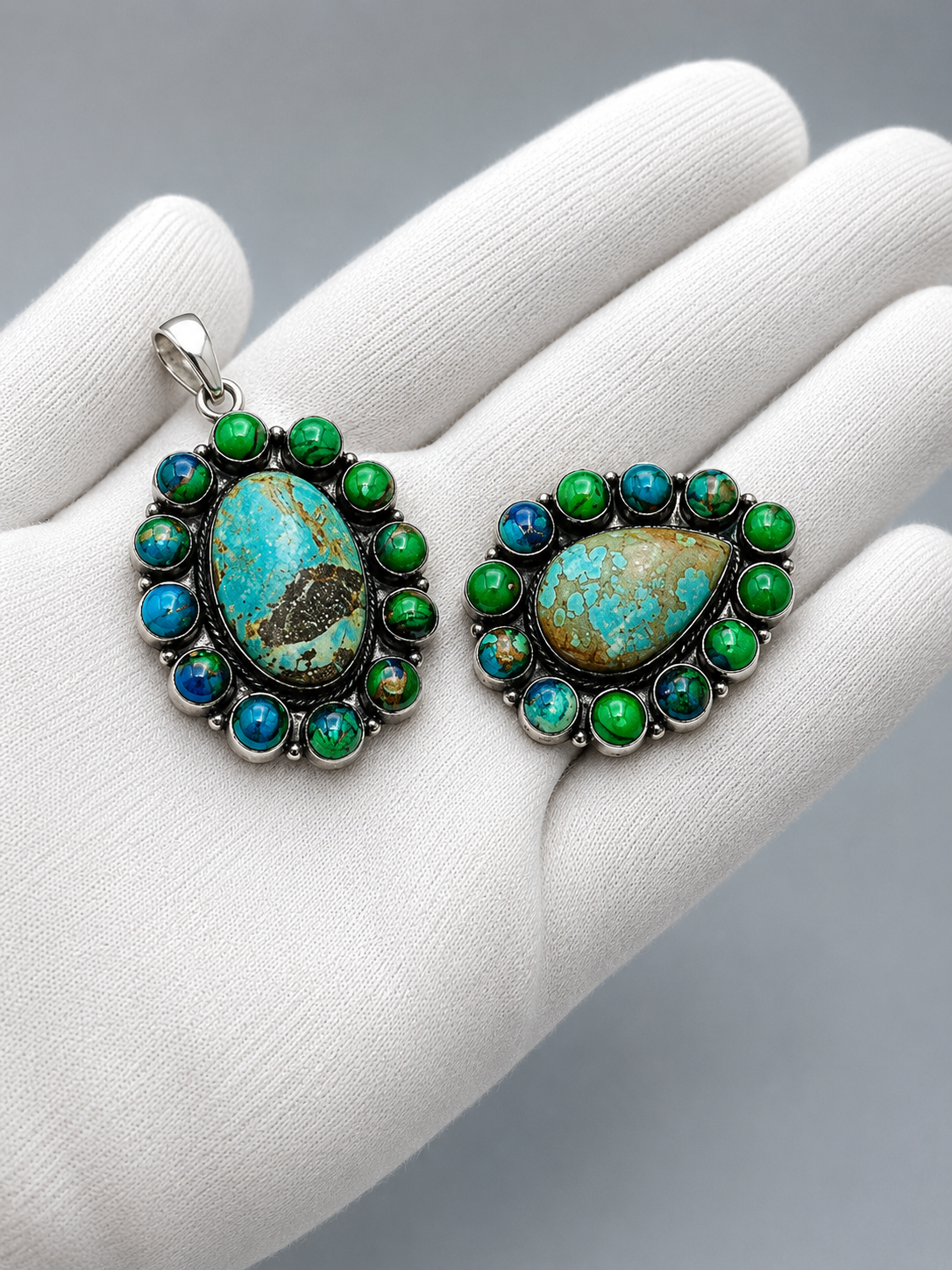 Vintage Turquoise & Amber Gemstone Pendant Set – Handmade Silver Statement Jewelry
