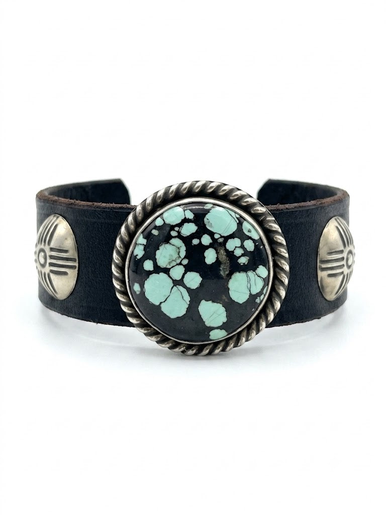 Vintage Southwestern Black Leather Cuff with Round Spiderweb Turquoise